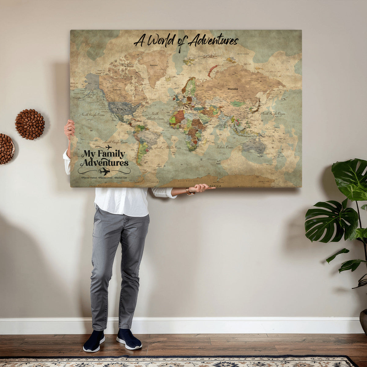 57377793-MGV-CV-36X24 - Our Family Adventures Push Pin World Map Wall Art Canvas Print - Family Travel Tracker Map with Pins