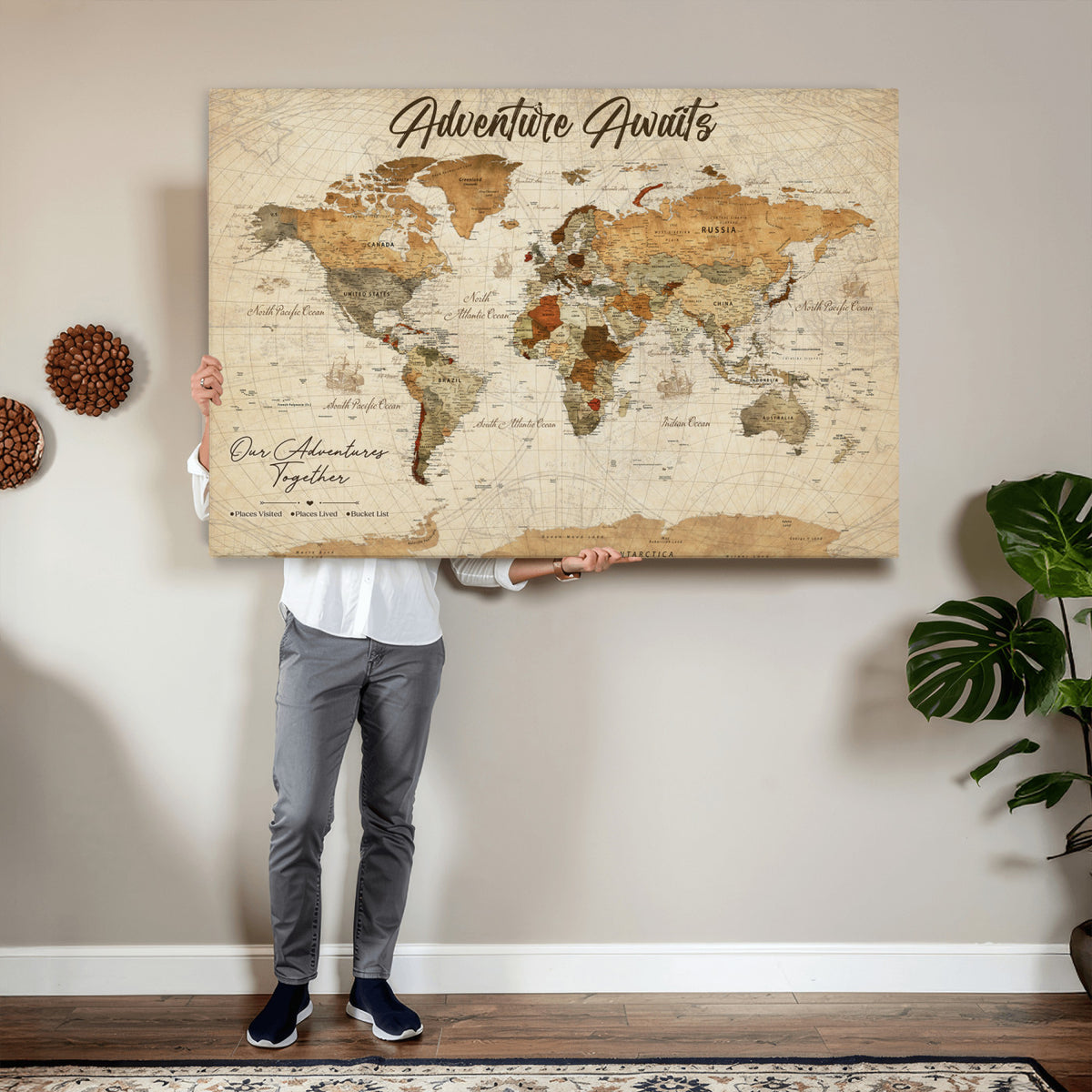 94237870-MGV-CV-36X24 - Our Family Adventures Push Pin World Map Wall Art Canvas Print - Family Travel Tracker Map with Pins