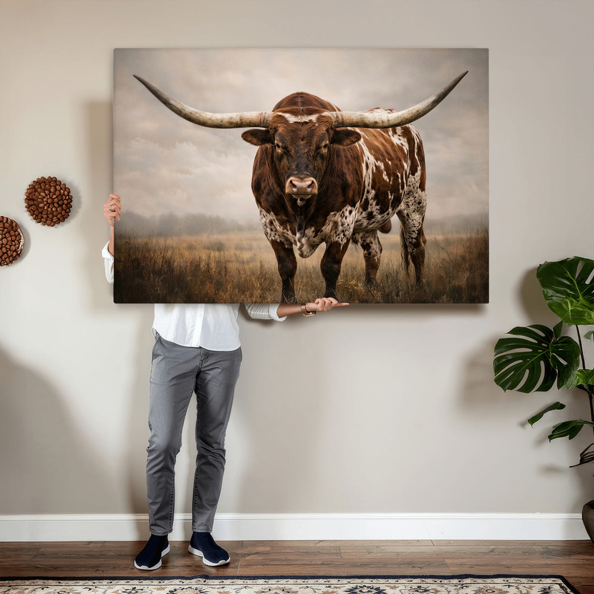 25239047A-MGV-CV-36X24 - Texas Longhorn Canvas Wall Art Western Bull Desert Moody Grey Overcast Rustic Farmhouse Framed Large for Living Room Bedroom Office Decor