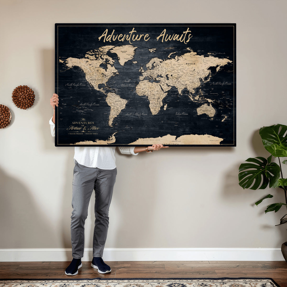 688173822-MGV-CV-36X24 - Extra Large Vintage Personalized Push Pin World Map Wall Art Canvas Print