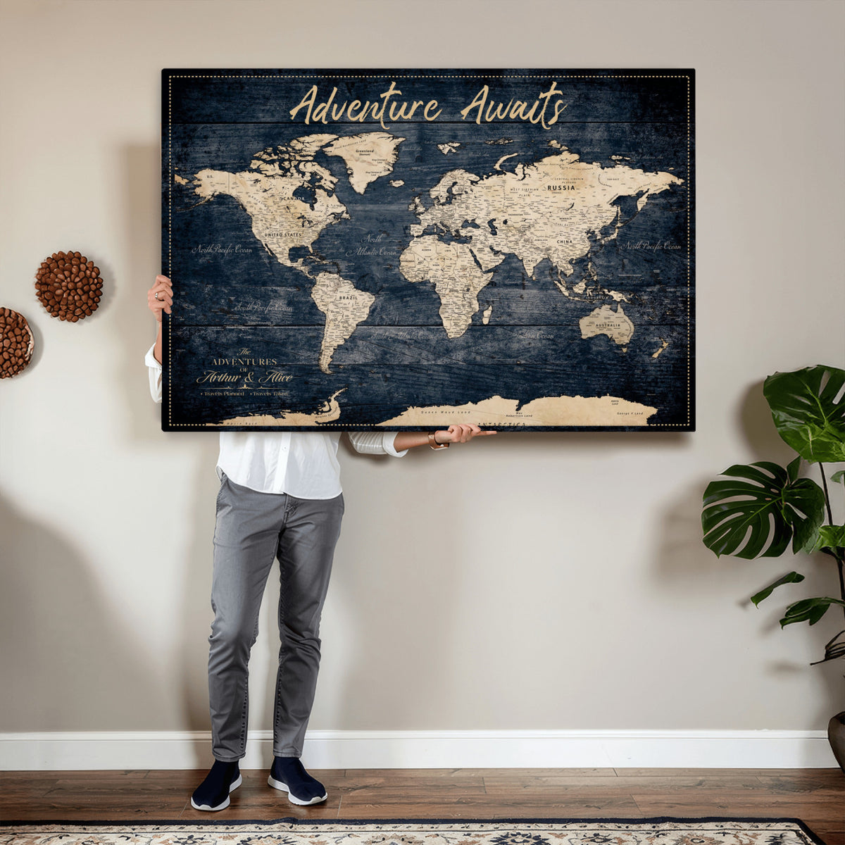 68817382-MGV-CV-36X24 - Extra Large Vintage Personalized Push Pin World Map Wall Art Canvas Print