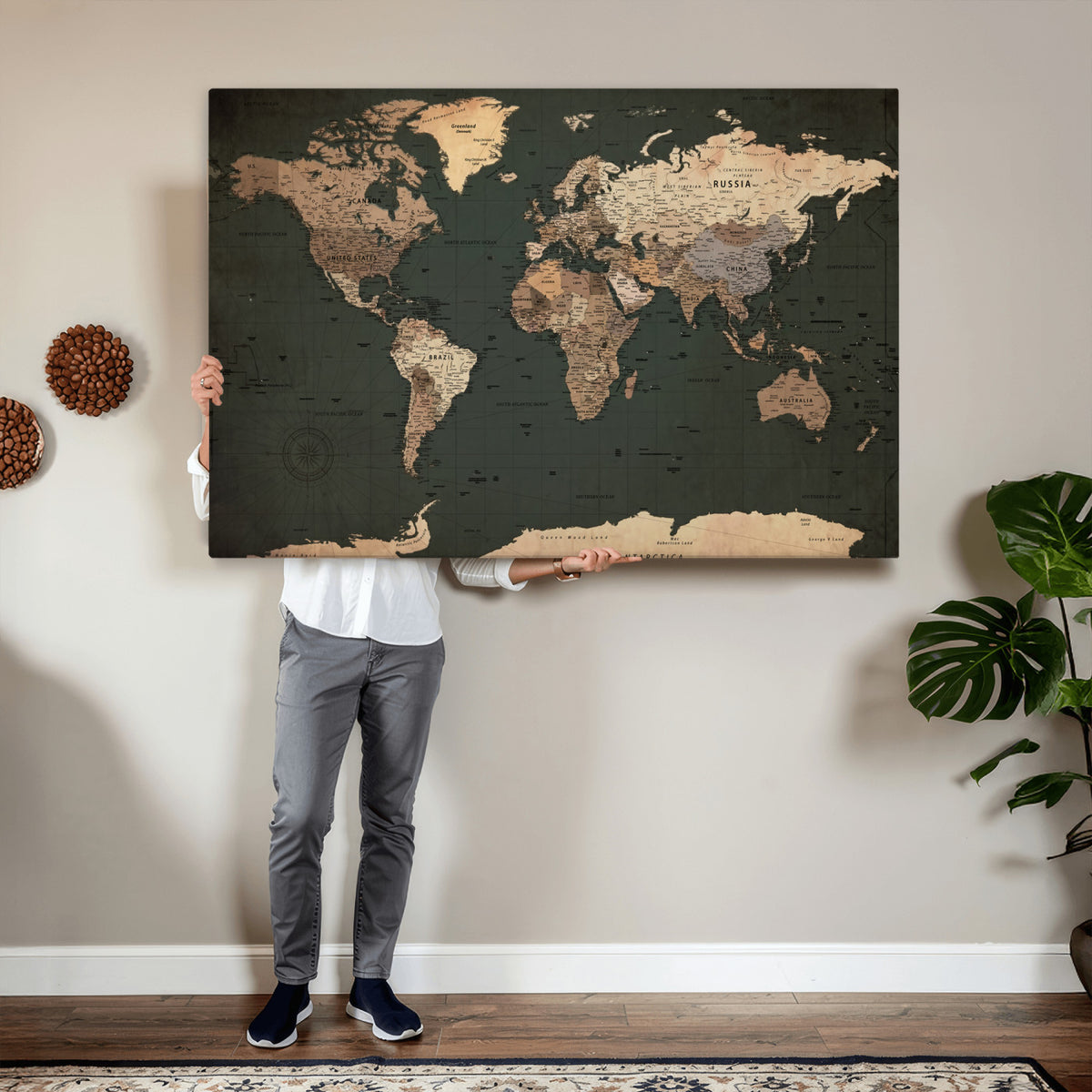 42327656-MGV-CV-36X24 - Extra Large Framed Personalize Push Pin World Map Wall Art Canvas Print for Travel Tracking