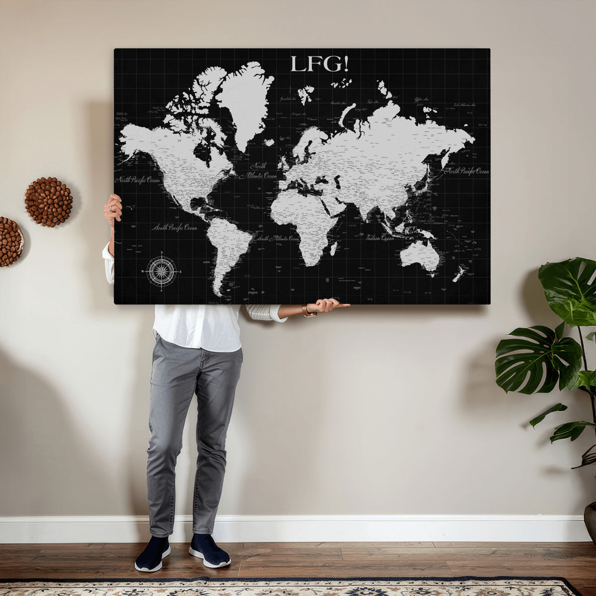 68209291-MGV-CV-36X24 - Extra Large Framed Personalize Push Pin World Map Wall Art Canvas Print for Travel Tracking