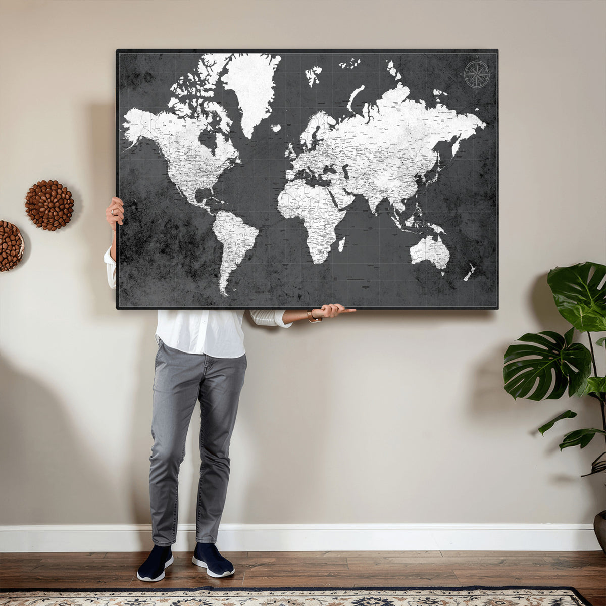 78574966-MGV-CV-36X24 - Extra Large Framed Personalize Push Pin World Map Wall Art Canvas Print for Travel Tracking