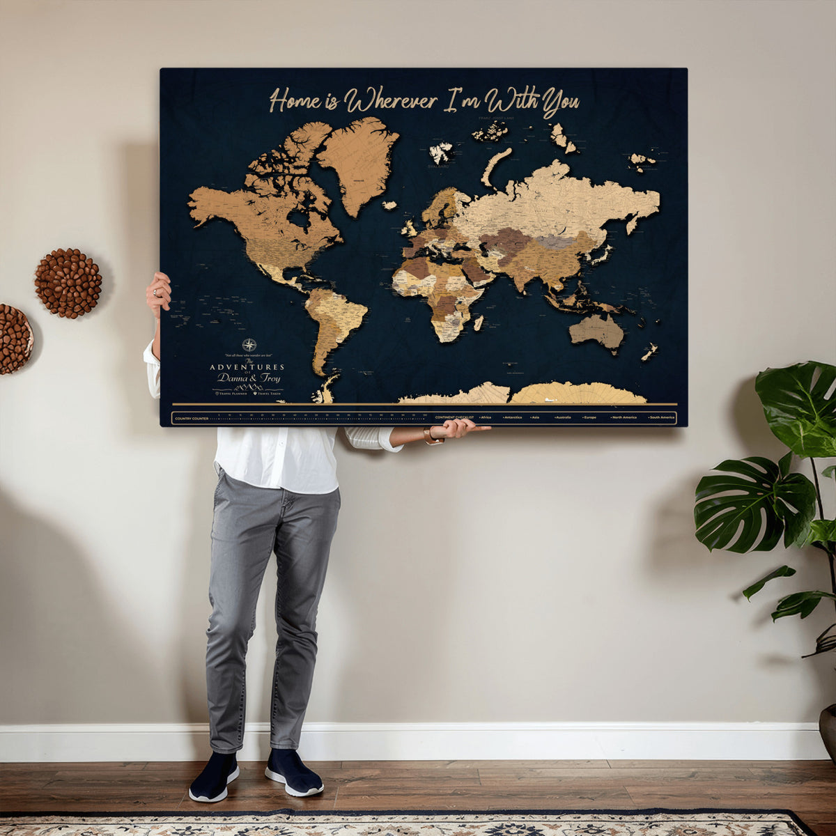13903533-MGV-CV-36X24 - Extra Large Framed Personalize Push Pin World Map Wall Art Canvas Print for Travel Tracking