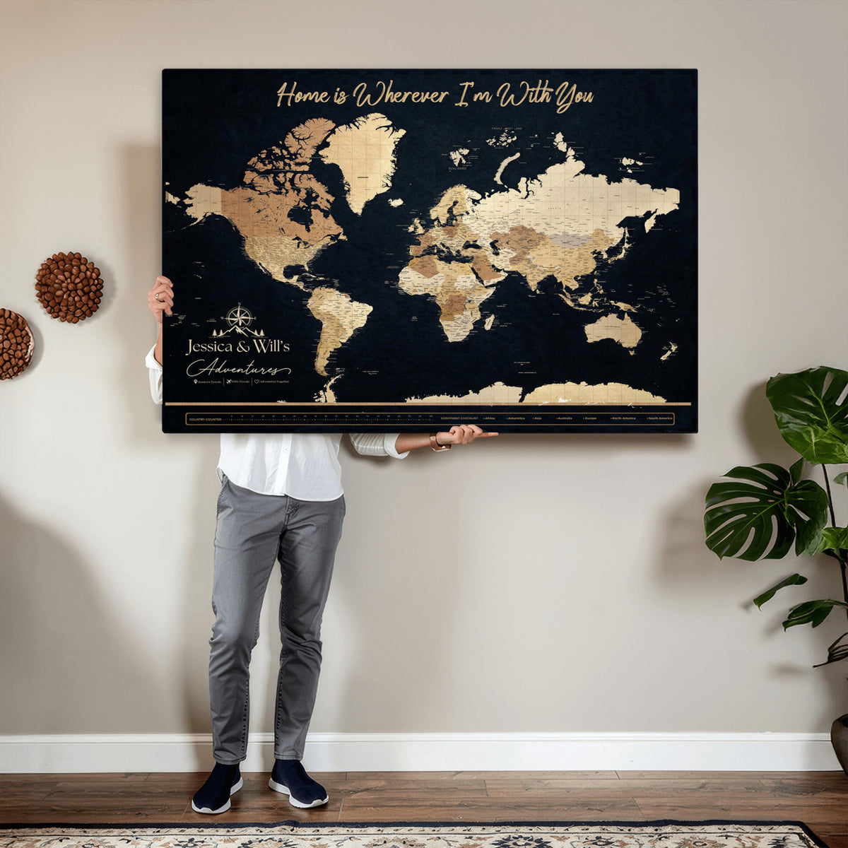 43430657-MGV-CV-36X24 - Extra Large Framed Personalize Push Pin World Map Wall Art Canvas Print for Travel Tracking