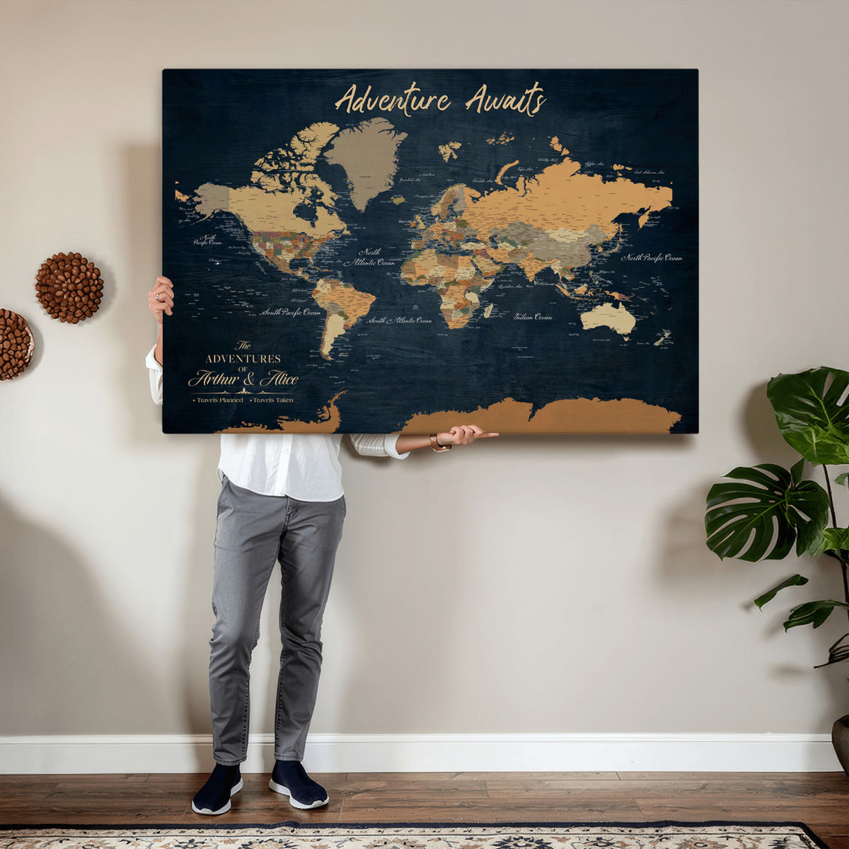 13350960-MGV-CV-36X24 - Extra Large Framed Personalize Push Pin World Map Wall Art Canvas Print for Travel Tracking