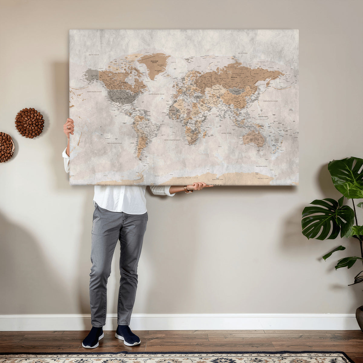 18074626DD-MGV-CV-36X24 - Extra Large Framed Personalize Push Pin World Map Wall Art Canvas Print for Travel Tracking NEWMAP - 009