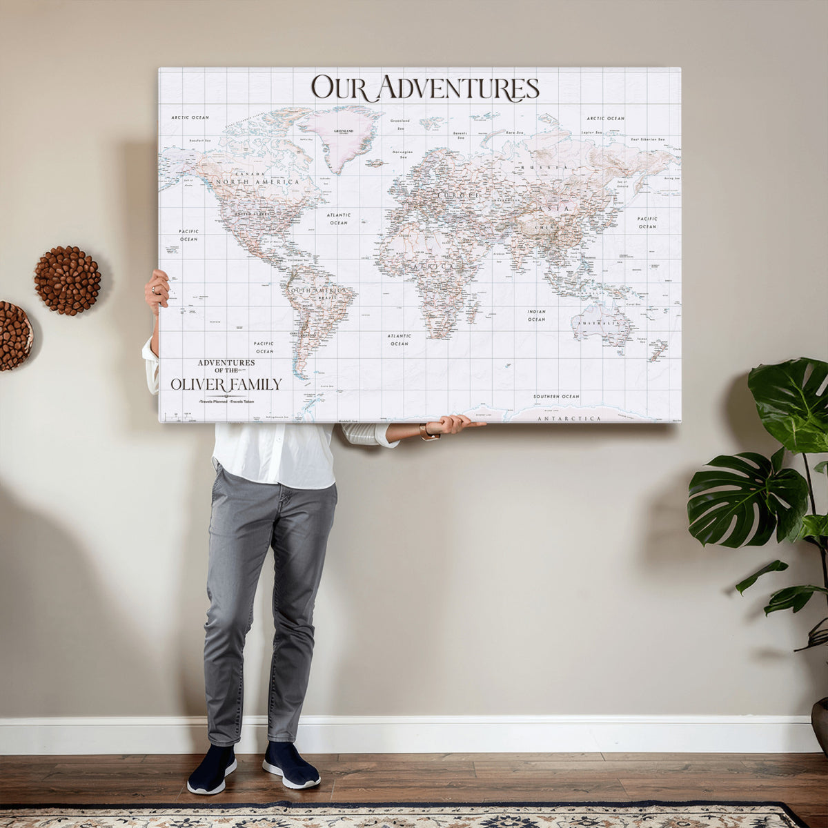 18074626D3DD-MGV-CV-36X24 - Extra Large Framed Personalize Push Pin World Map Wall Art Canvas Print for Travel Tracking NEWMAP - 015