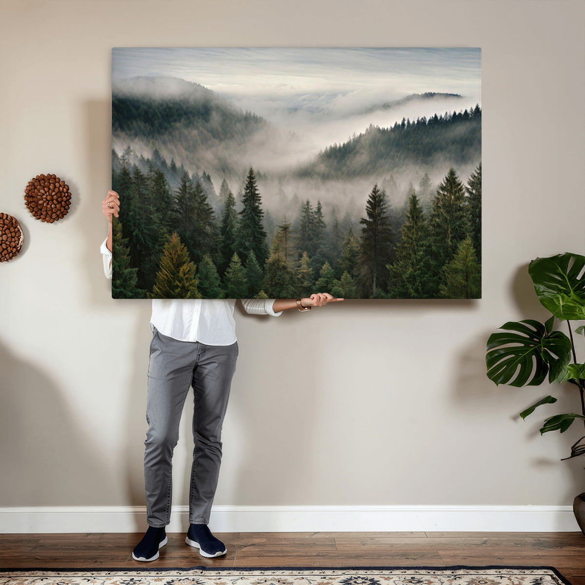 38409495-_Poster-30x20 - Misty Pine Valley Mountain Canvas Print 3 Piece Framed Wall Art Extra Large Floating Frame Nature Poster Made in USA