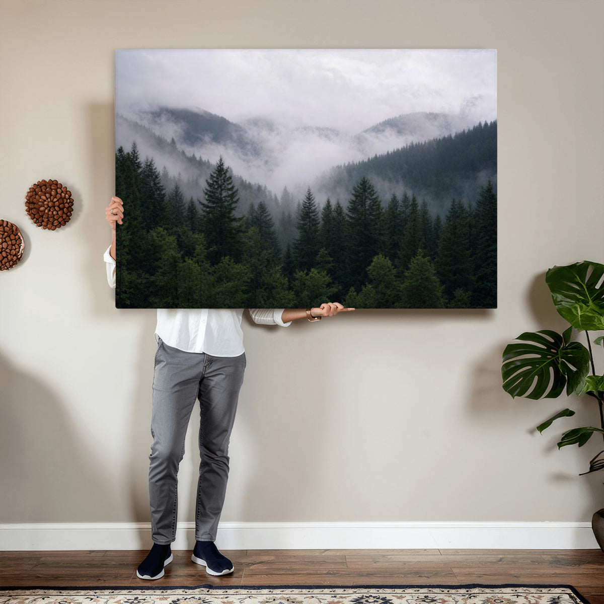 25432119-_Poster-30x20 - Misty Mountain Pine Forest Canvas Print 3 Piece Framed Wall Art Extra Large Floating Frame Nature Poster Made in USA