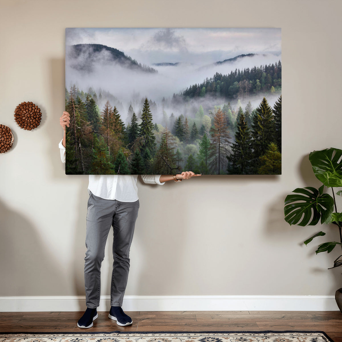 18735847-_Poster-30x20 - Foggy Pine Forest Mountain Canvas Print 3 Piece Framed Wall Art Extra Large Floating Frame Nature Poster Made in USA