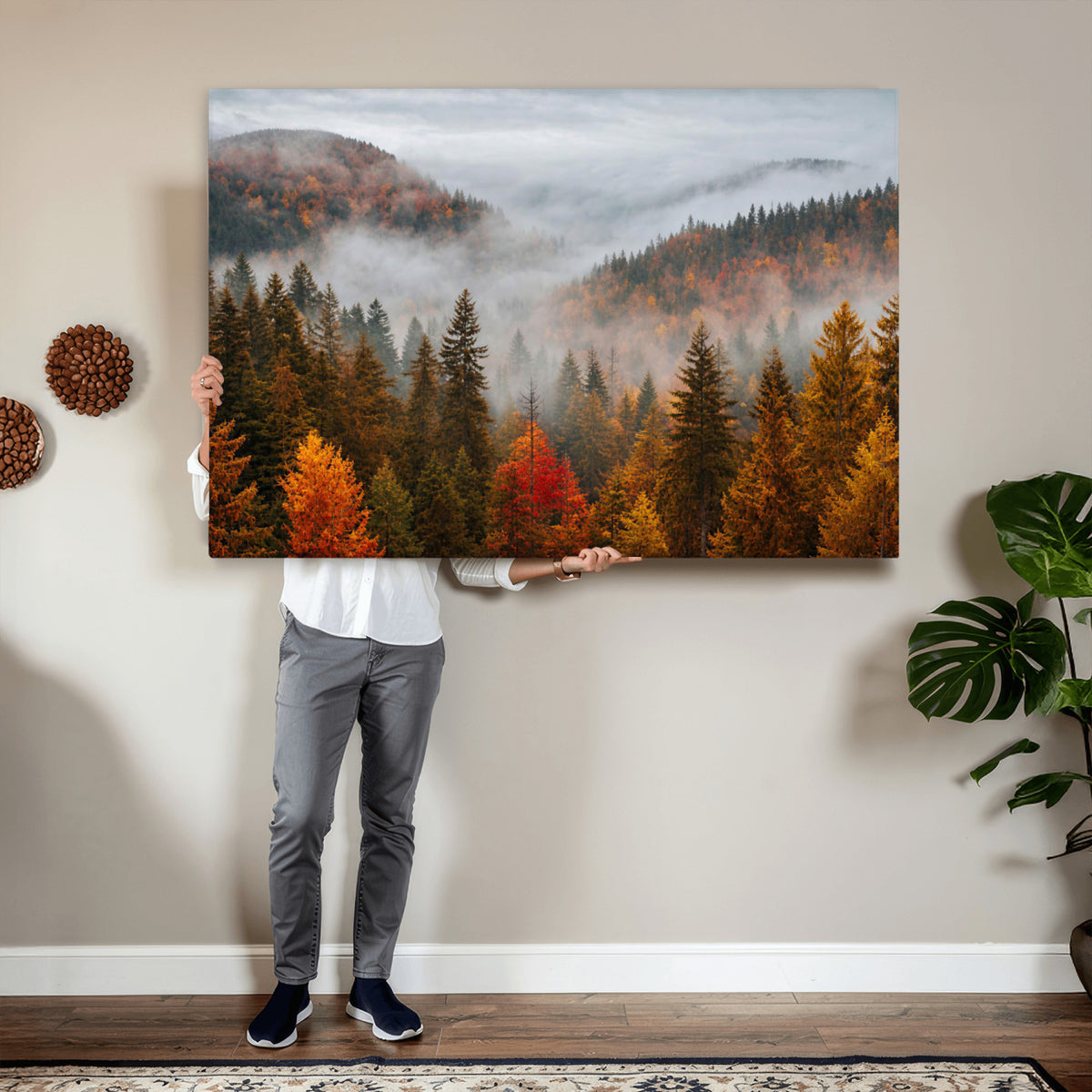 87481341-_Poster-30x20 - Foggy Autumn Mountain Canvas Print Smoky Pine Forest Wall Art Panoramic Nature Poster 3 Piece Made in USA