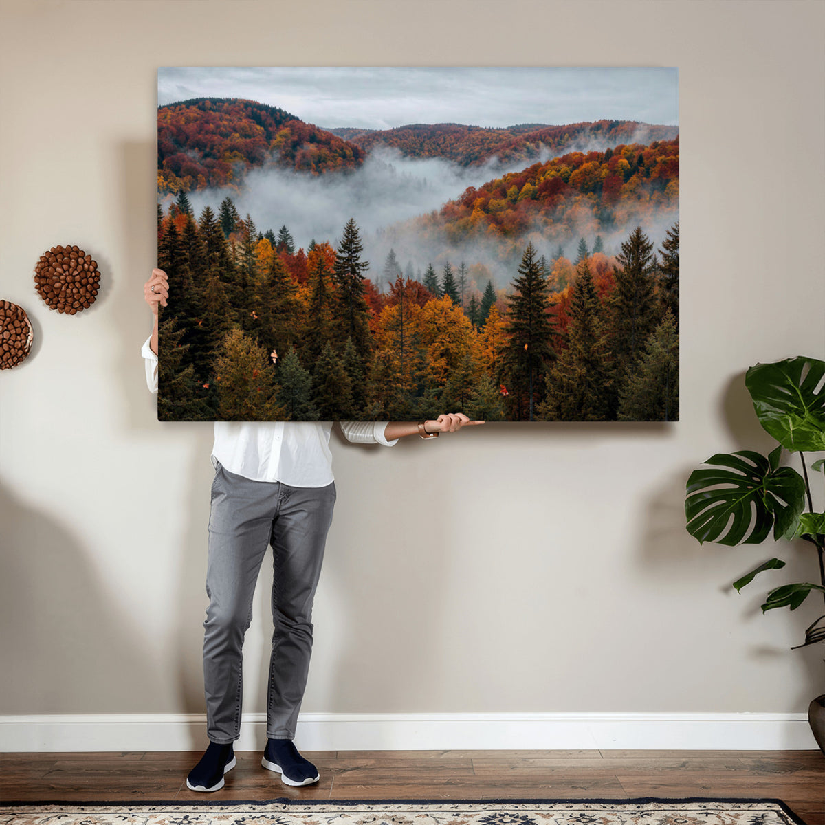 26686263-_Poster-30x20 - Misty Autumn Forest Mountain Canvas Print 3 Panel Wall Art Gallery Wrapped Floating Frame Poster Made in USA