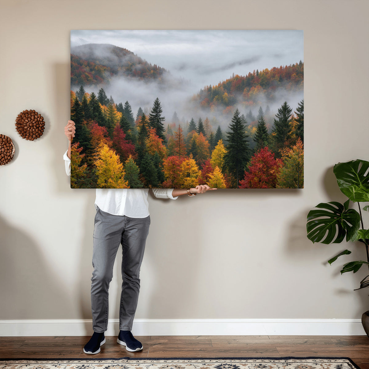 47877083-_Poster-30x20 - Fall Forest Misty Mountain Canvas Print Smoky Mountain Landscape Wall Art Autumn Trees Nature Poster Printing