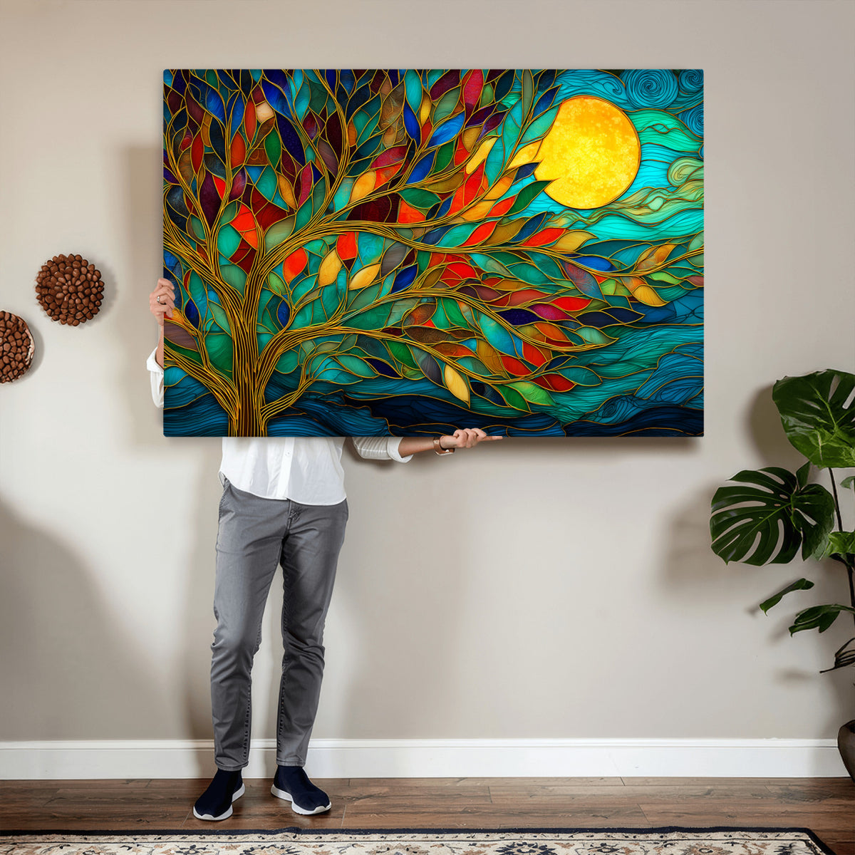 11877152-MGV-CV-36X24 - Stained Glass Tree Of Life Wall Art - Vibrant Mosaic Nature Home Decor