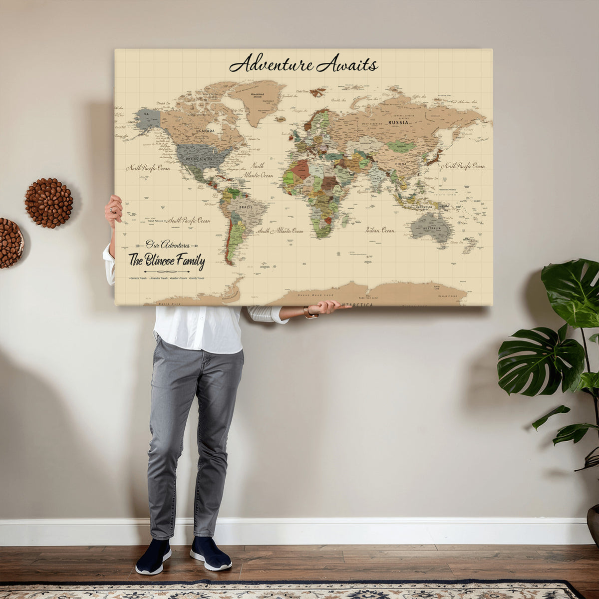 25730261D-MGV-CV-36X24 - Custom Push Pin World Map Wall Art Canvas Print | Personalized Travel Tracker with Pins Framed Large for Home and Office Decor
