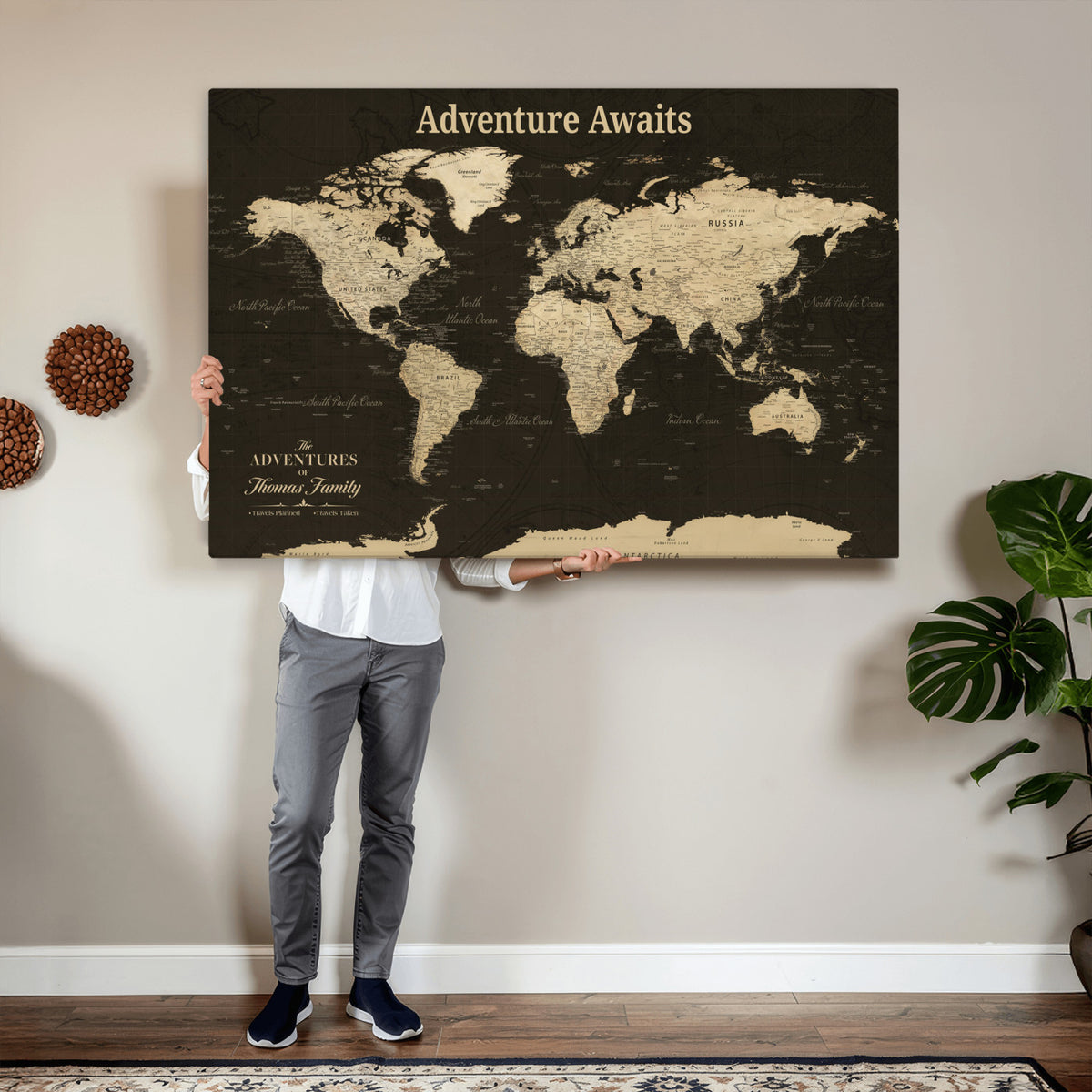 47597338D-MGV-CV-36X24 - Custom Push Pin World Map Wall Art Canvas Print | Personalized Travel Tracker with Pins Framed Large for Home and Office Decor