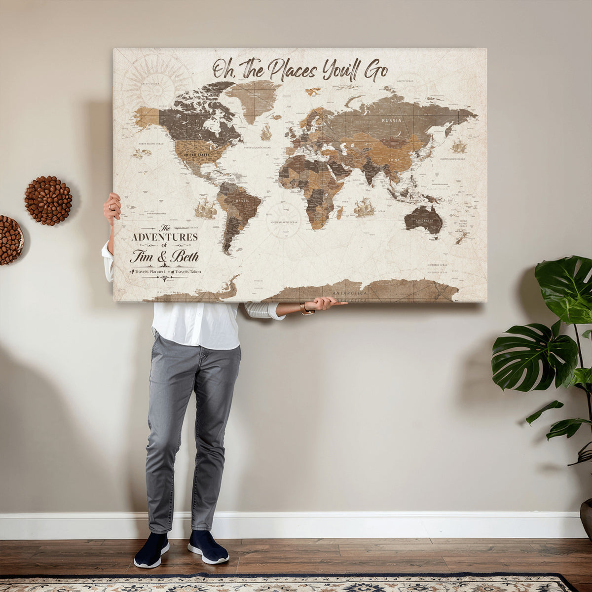 NEWMAP-8D-MGV-CV-36X24 - Custom Push Pin World Map Wall Art Canvas Print | Personalized Travel Tracker with Pins Framed Large for Home and Office Decor - NEWMAP-8