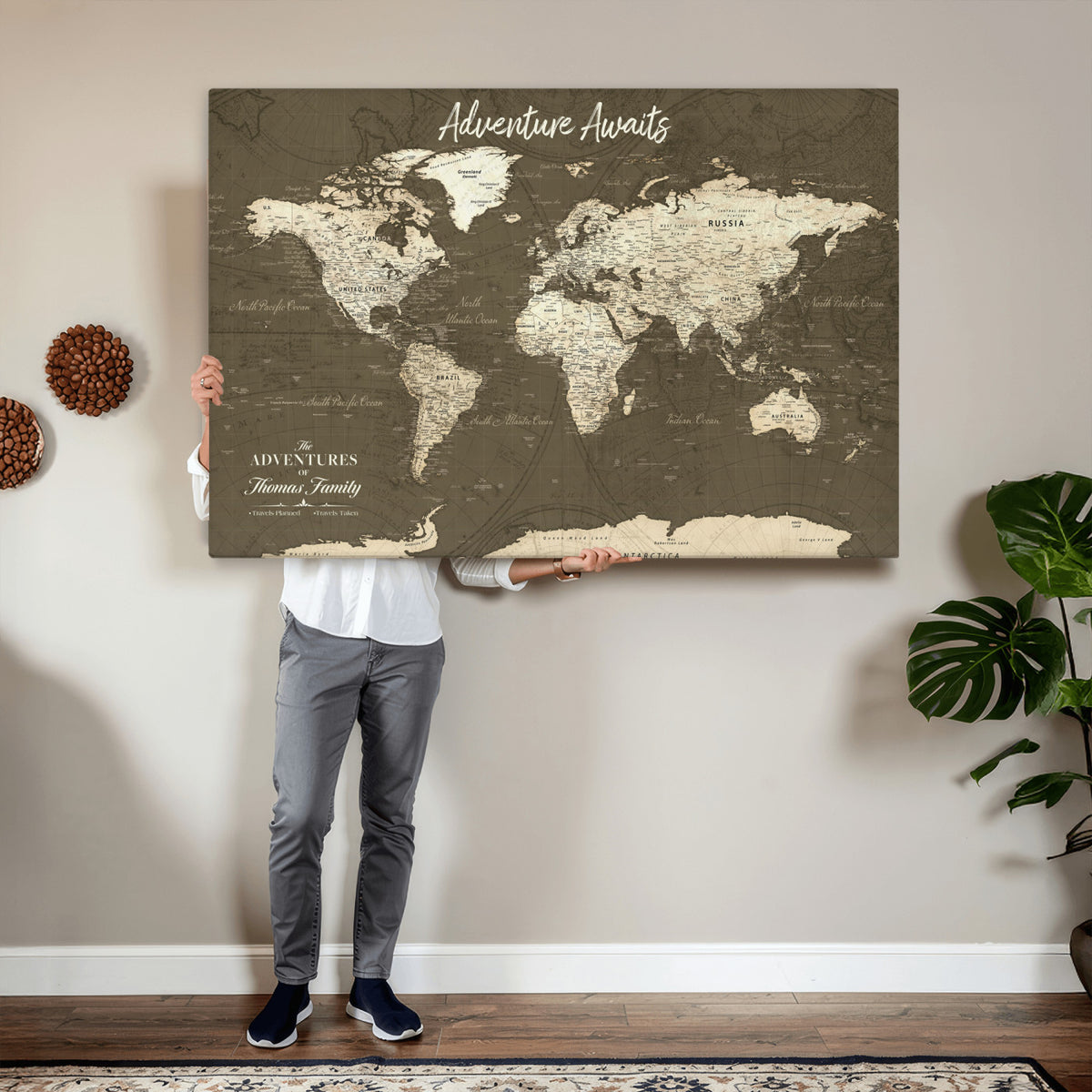 27762875D-MGV-CV-36X24 - Custom Push Pin World Map Wall Art Canvas Print | Personalized Travel Tracker with Pins Framed Large for Home and Office Decor