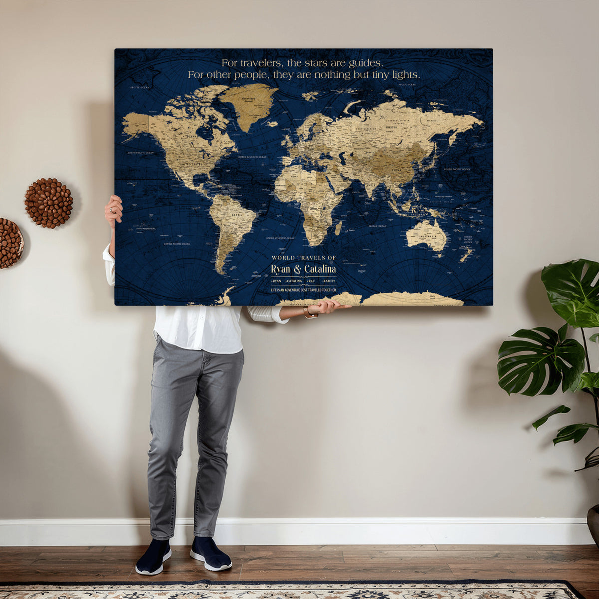 71667510D-MGV-CV-36X24 - Custom Push Pin World Map Wall Art Canvas Print | Personalized Travel Tracker with Pins Framed Large for Home and Office Decor