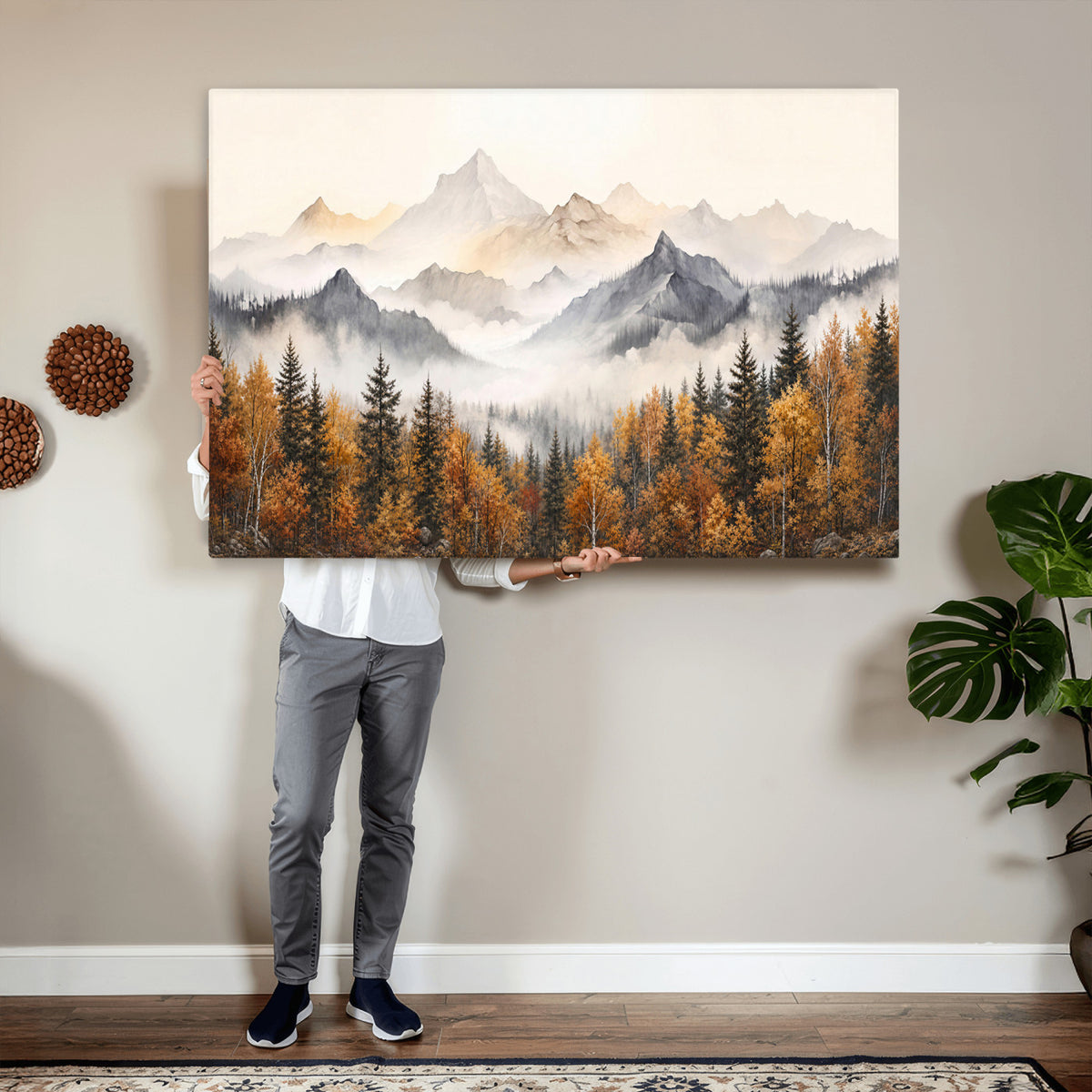 19544118-MGV-TP-30X20 - Misty Mountain Autumn Forest Canvas Wall Art - Watercolor Fall Nature Landscape Print