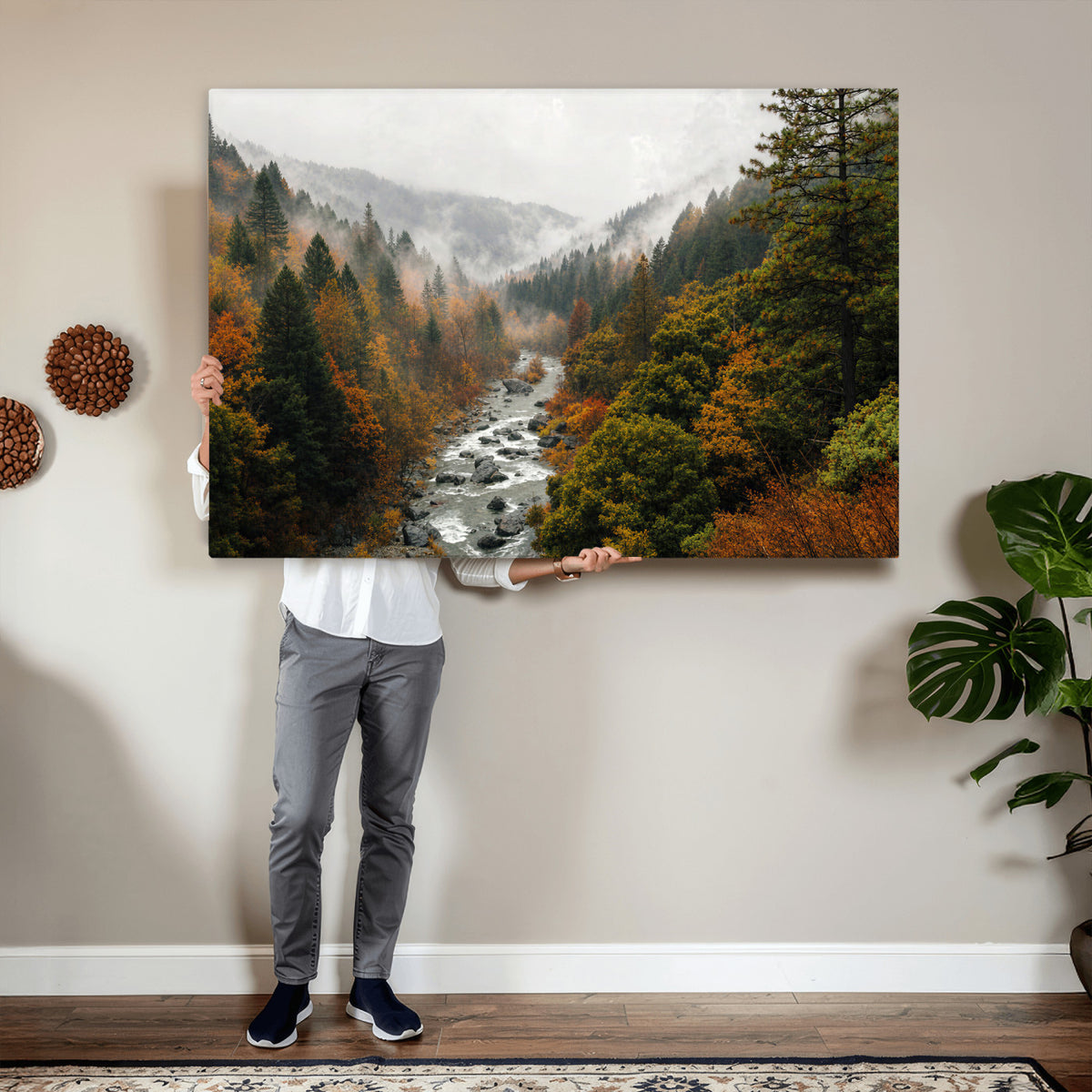 95540697-MGV-TP-30X20 - Misty River Mountain Valley Canvas Wall Art - Autumn Forest Landscape Nature Print