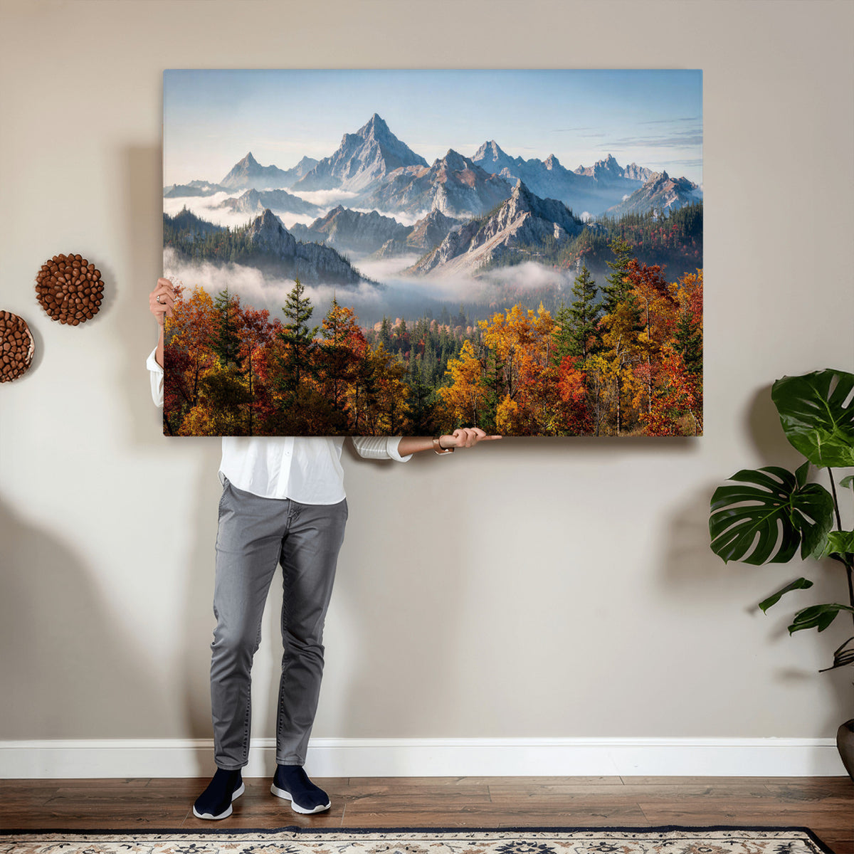 38847944-MGV-TP-30X20 - Majestic Mountain Peak Canvas Wall Art - Panoramic Autumn Forest Fog Landscape Print