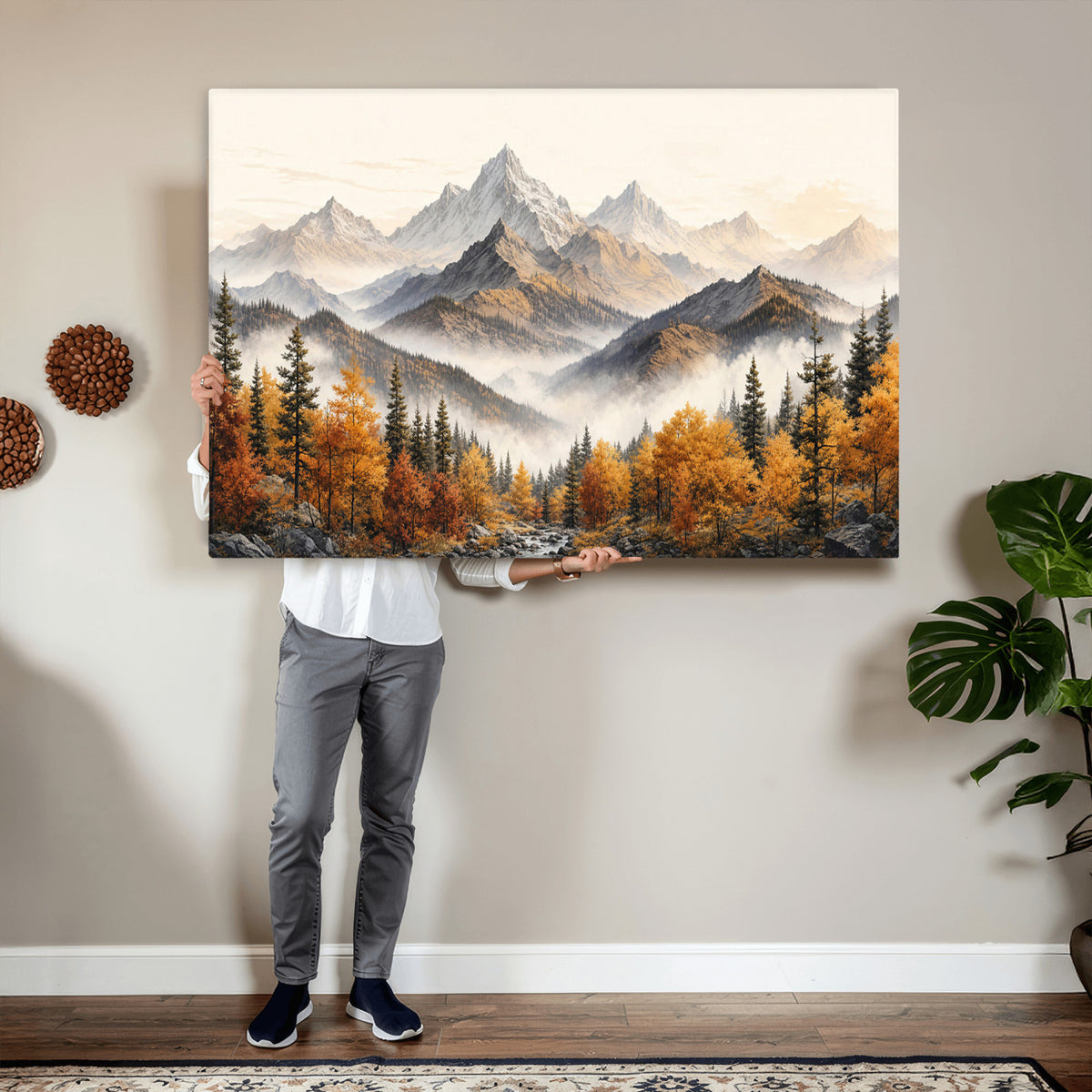 21309099-MGV-TP-30X20 - Extra Large Misty Mountain Autumn Forest Canvas Wall Art - Watercolor Fall Nature Landscape Print