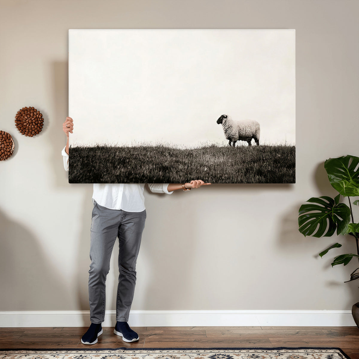 72749448-MGV-TP-30X20 - Minimalist Sepia Sheep Canvas Wall Art - Rustic Farmhouse Country Landscape Print