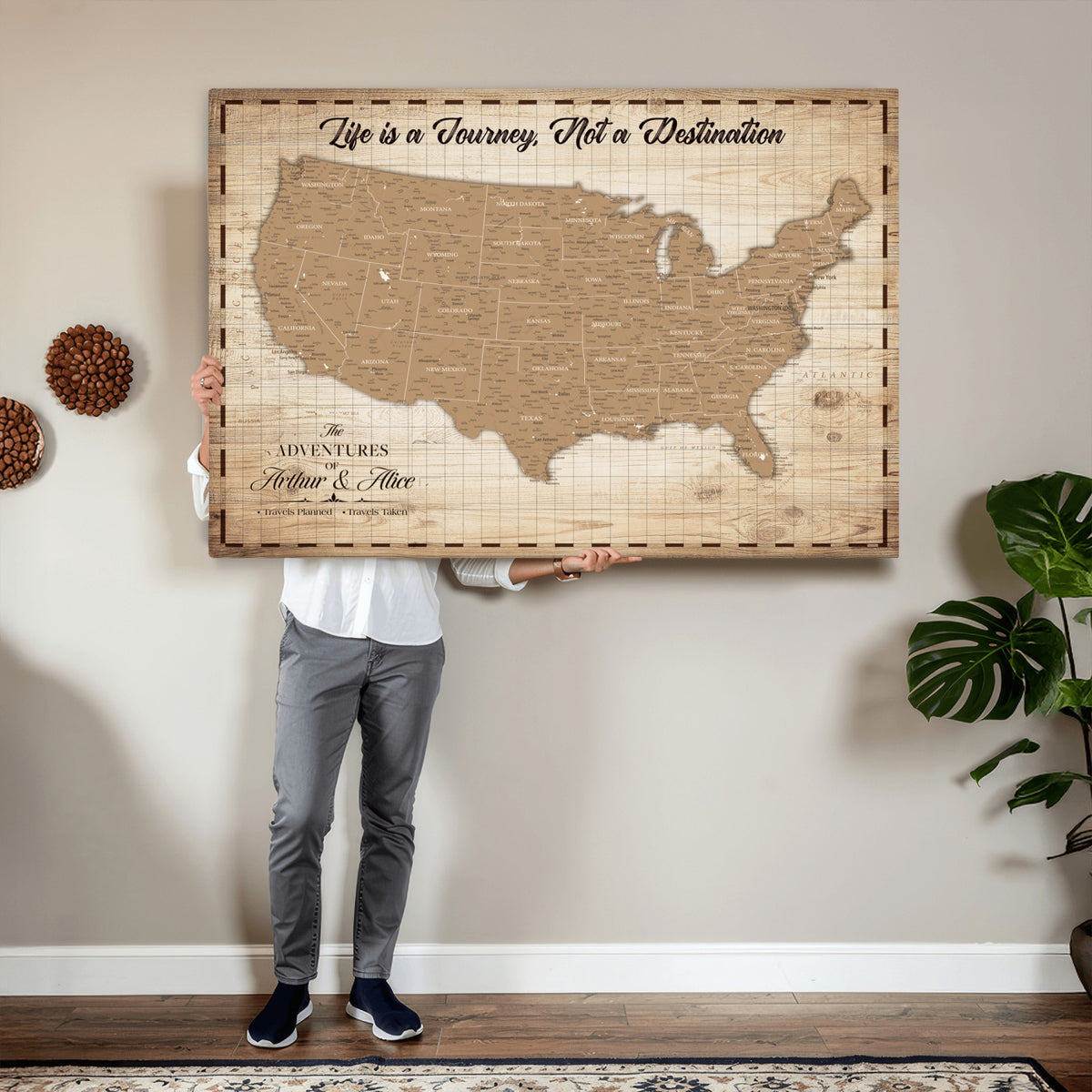 82934328-MGV-CV-36X24 - Custom USA Push Pin Travel Map Canvas Wall Art - Personalized Couples Gift Flat Digital Print