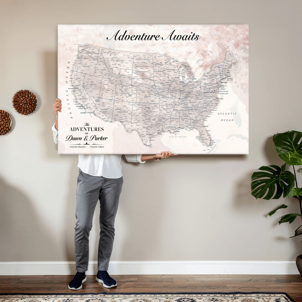 50687859-MGV-CV-36X24 - Custom USA Push Pin Travel Map Canvas Wall Art - Personalized Couples Gift Flat Digital Print