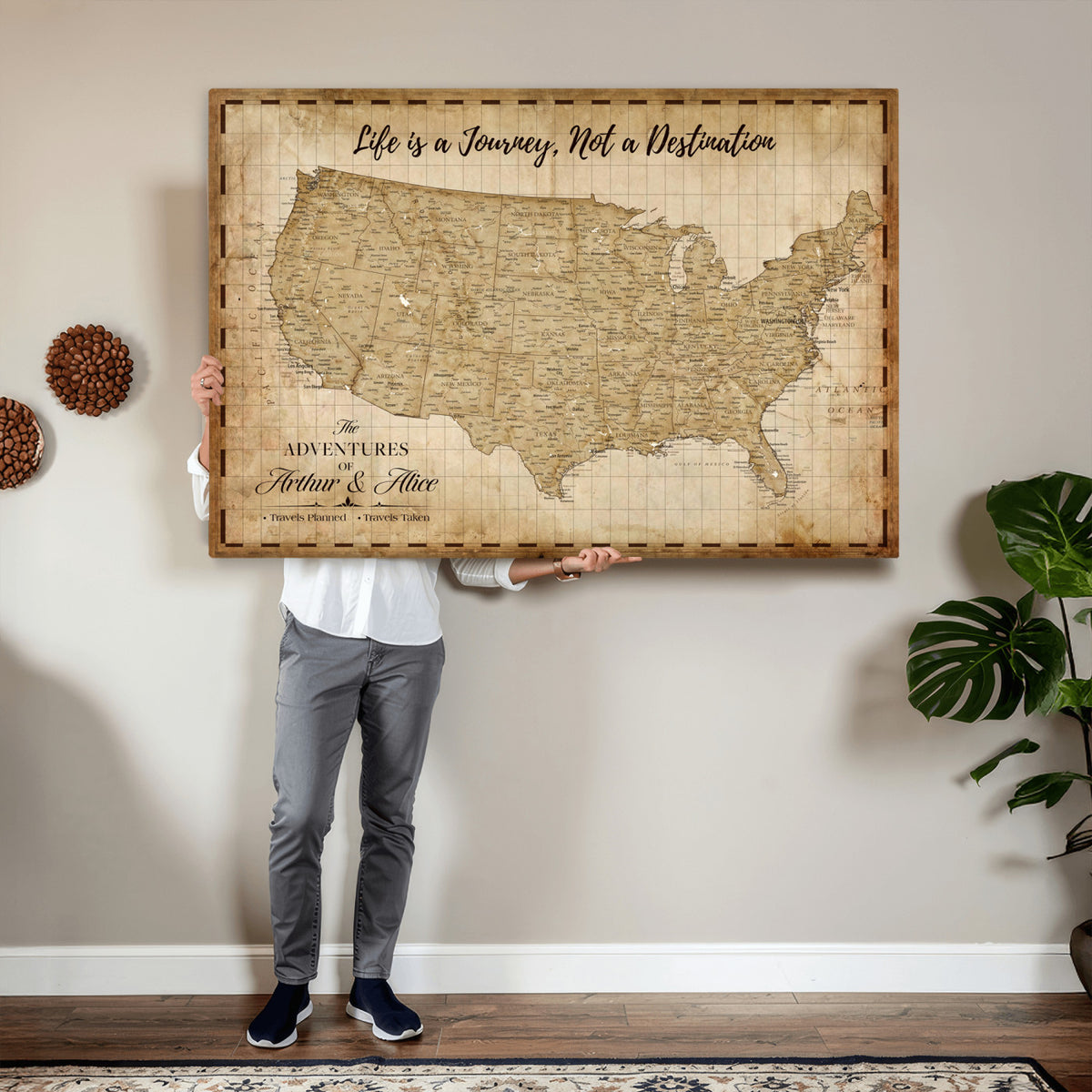 90686209-MGV-CV-36X24 - Custom USA Push Pin Travel Map Canvas Wall Art - Personalized Couples Gift Flat Digital Print