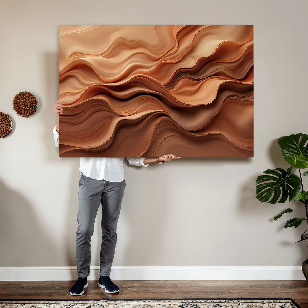 82230697-_Poster-30x20 - Modern Abstract Fluid Waves Canvas Wall Art - Minimalist Warm Terracotta Beige Sand Print