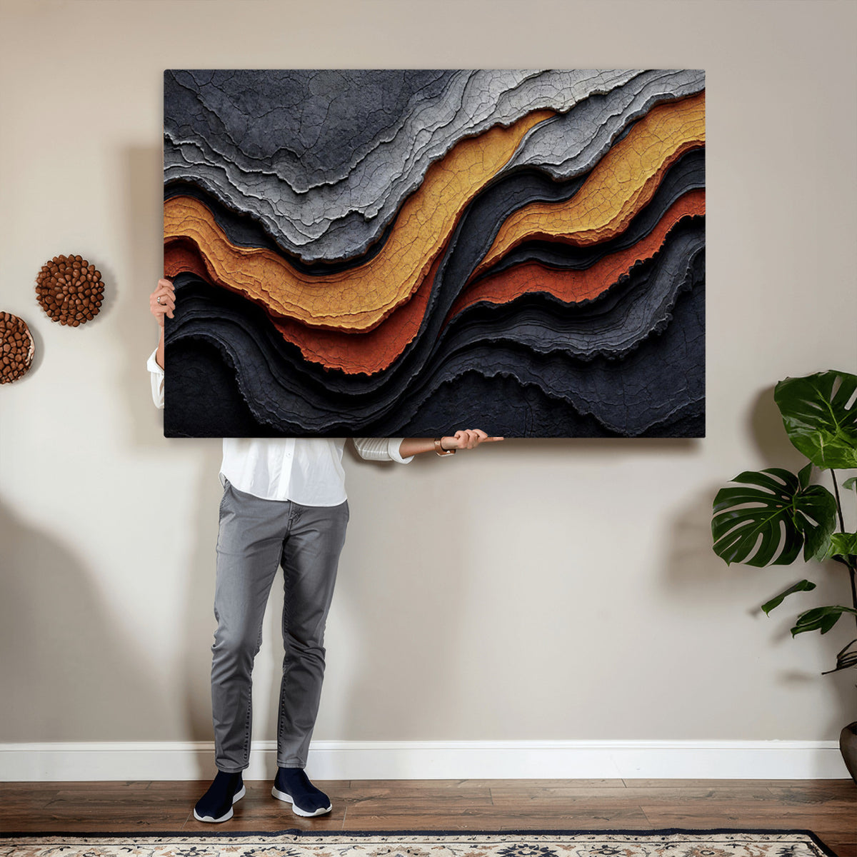 59852489-MGV-CV-36X24 - Abstract Waves Canvas Wall Art - Modern Terracotta and Charcoal Gray Print