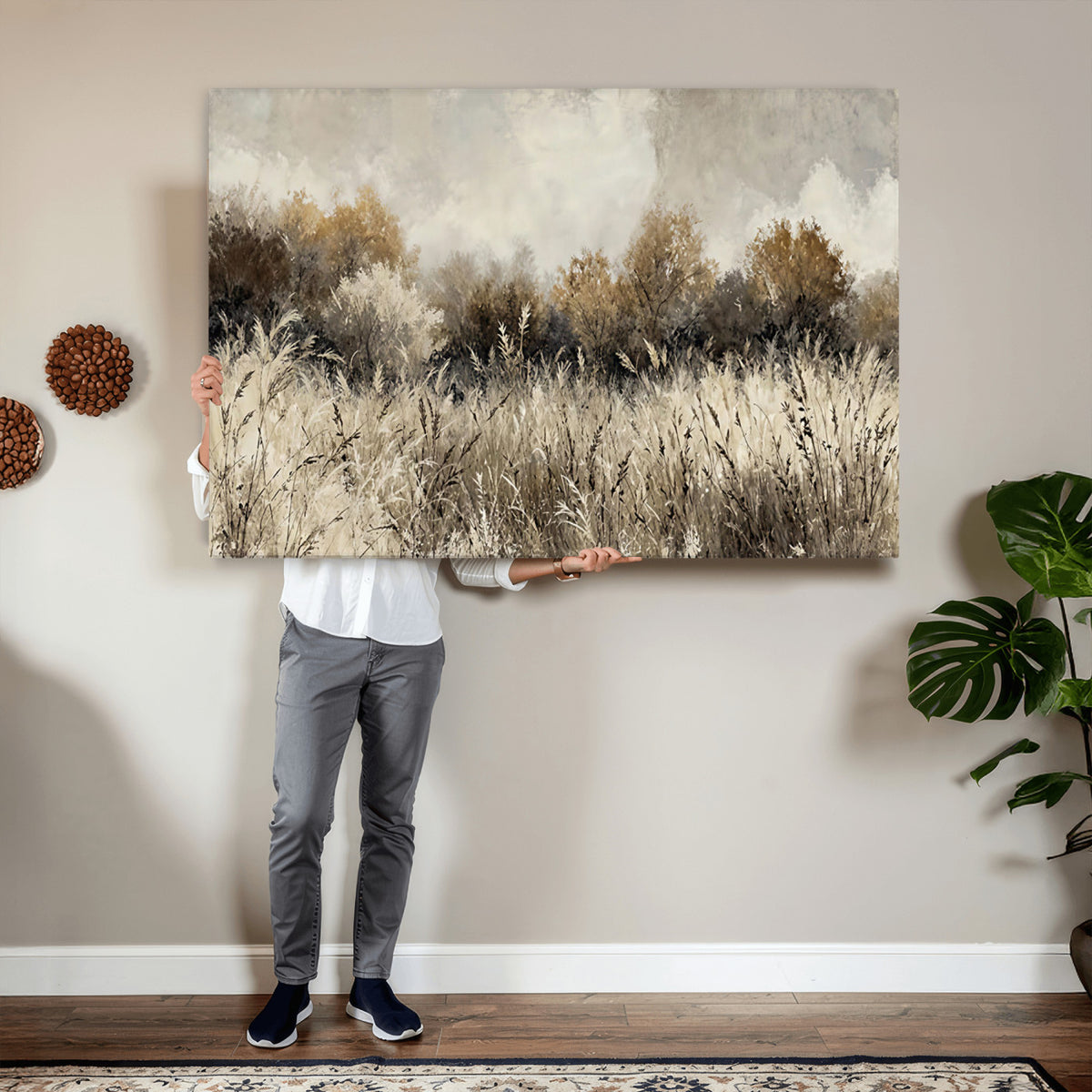 53959945-MGV-TP-30X20 - Muted Neutral Forest Landscape Canvas Wall Art - Vintage Rustic Wildflower Meadow Print