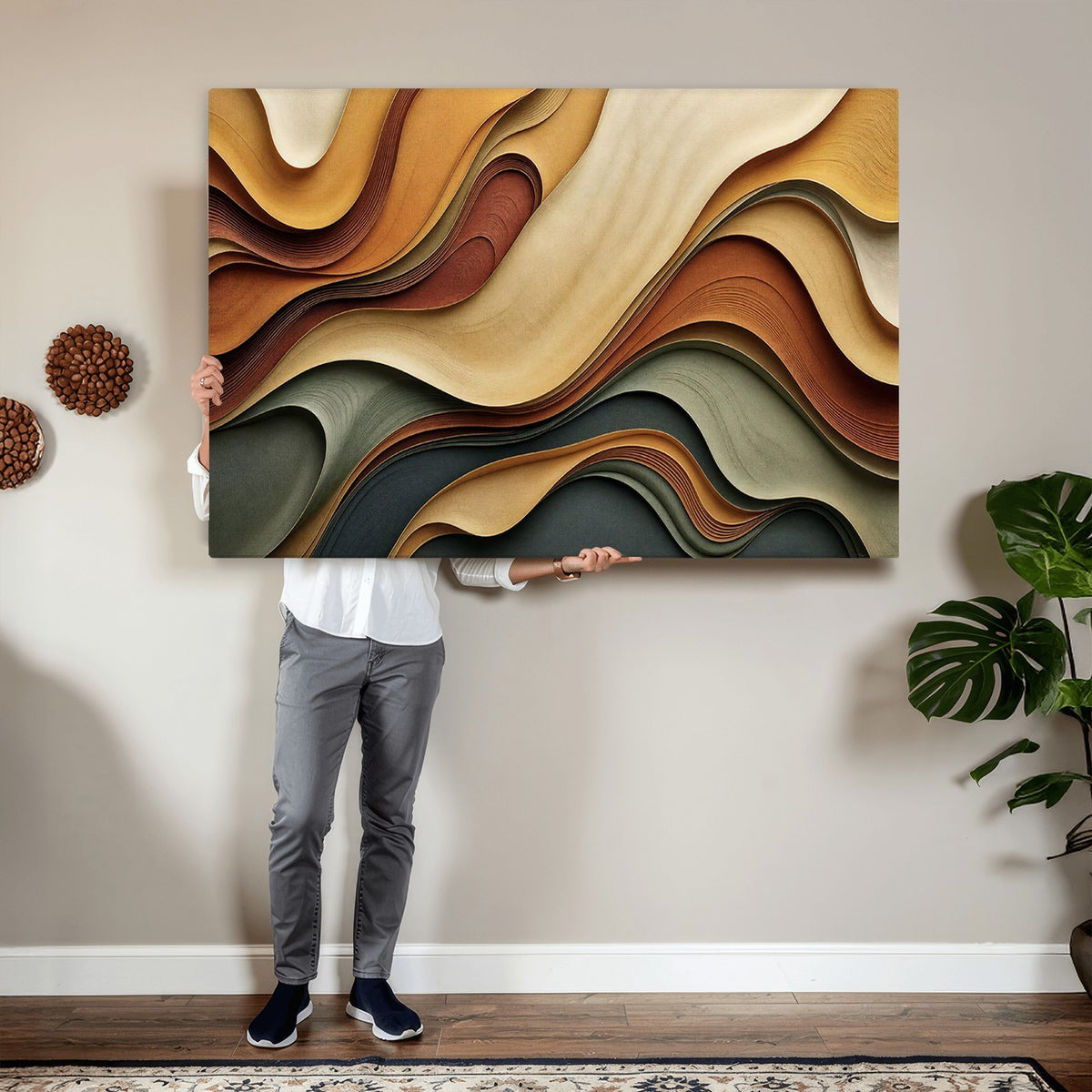 19337902-_Poster-30x20 - Modern Abstract Waves Canvas Wall Art - Minimalist Earthy Tone Living Room Decor