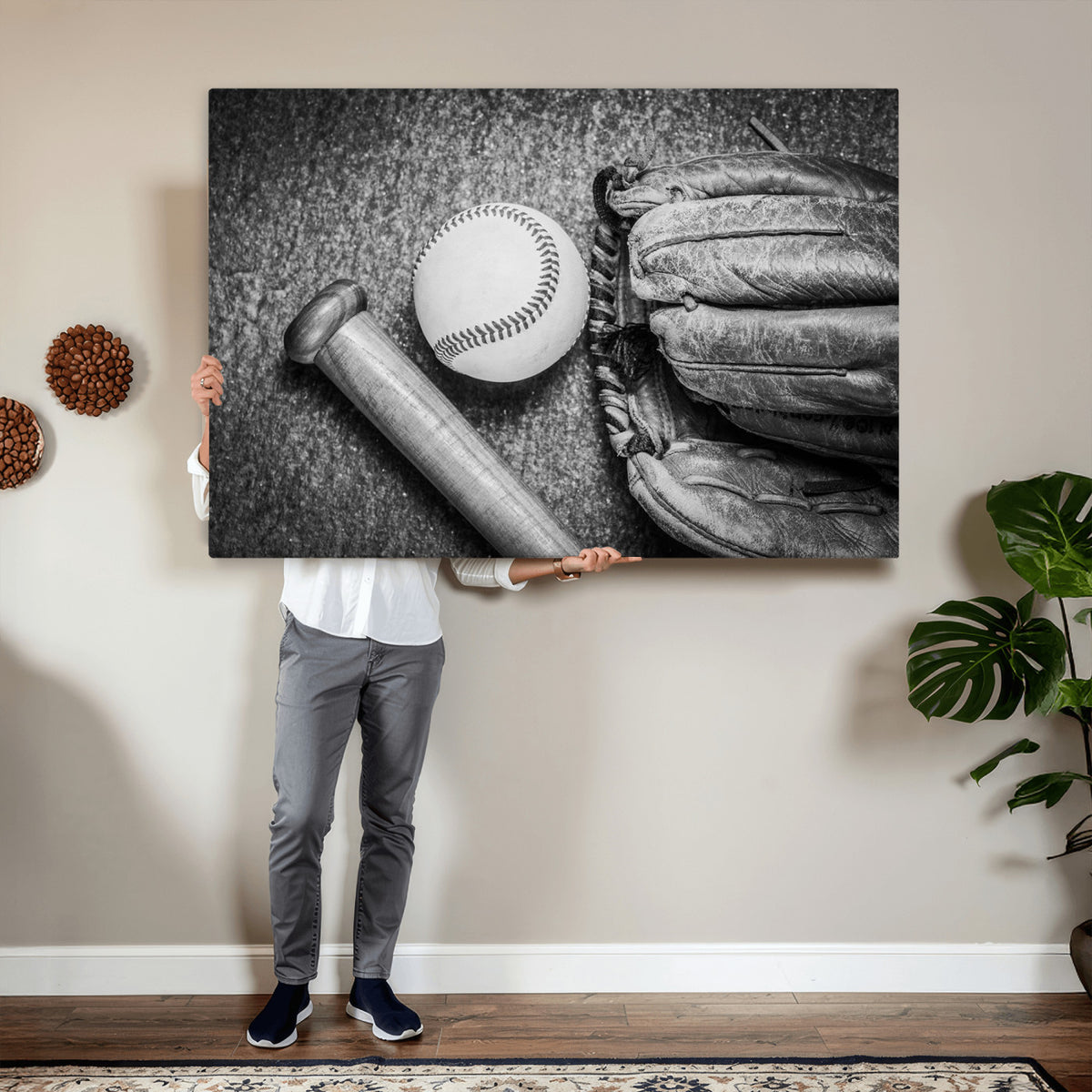 83916D-MGV-CV-36X24 - Vintage Baseball Glove and Bat Sports Wall Art Canvas Print