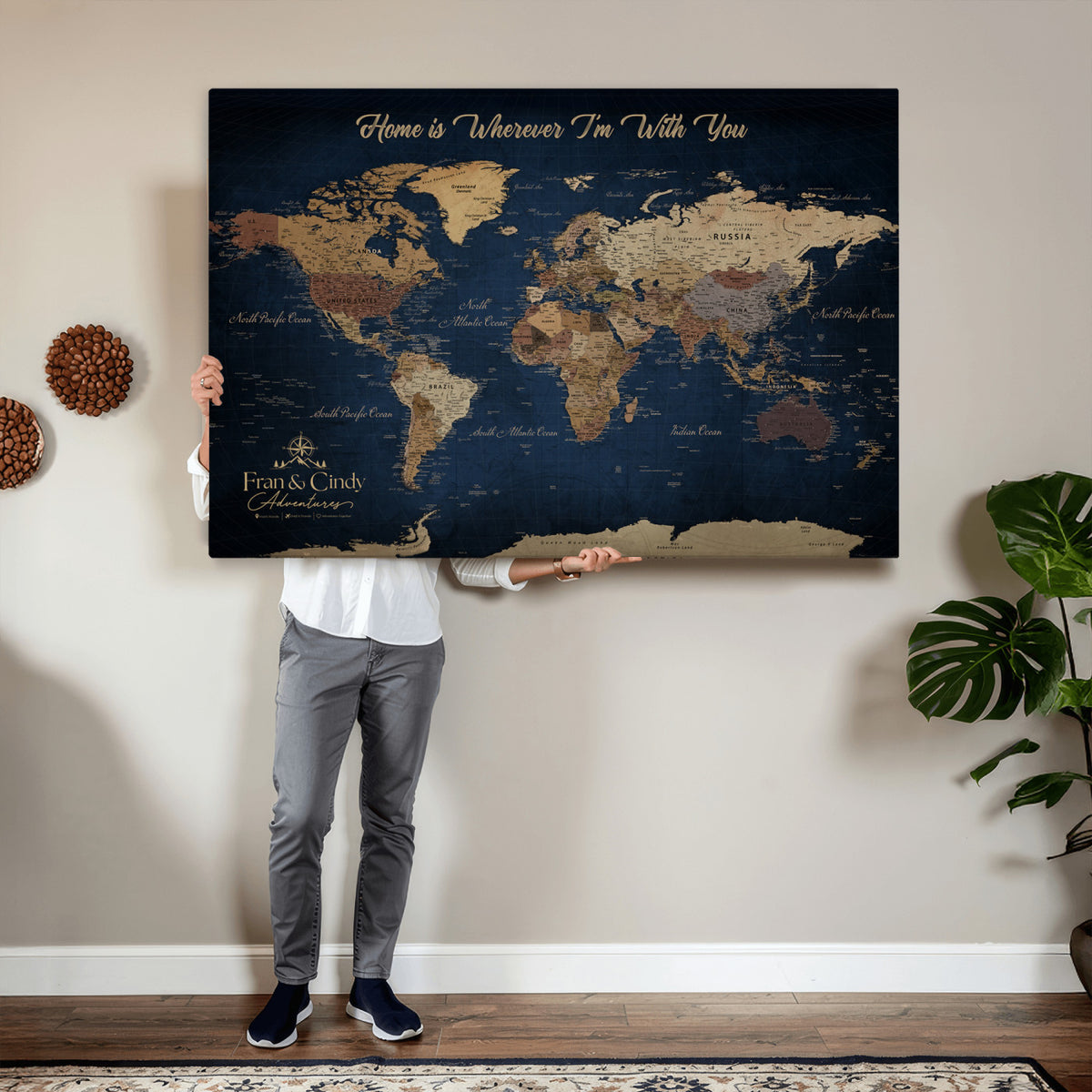 57774467-MGV-CV-36X24 - Custom Push Pin World Map Wall Art Canvas Print – Personalized Travel Tracker with Pins Framed Large for Home and Office Decor