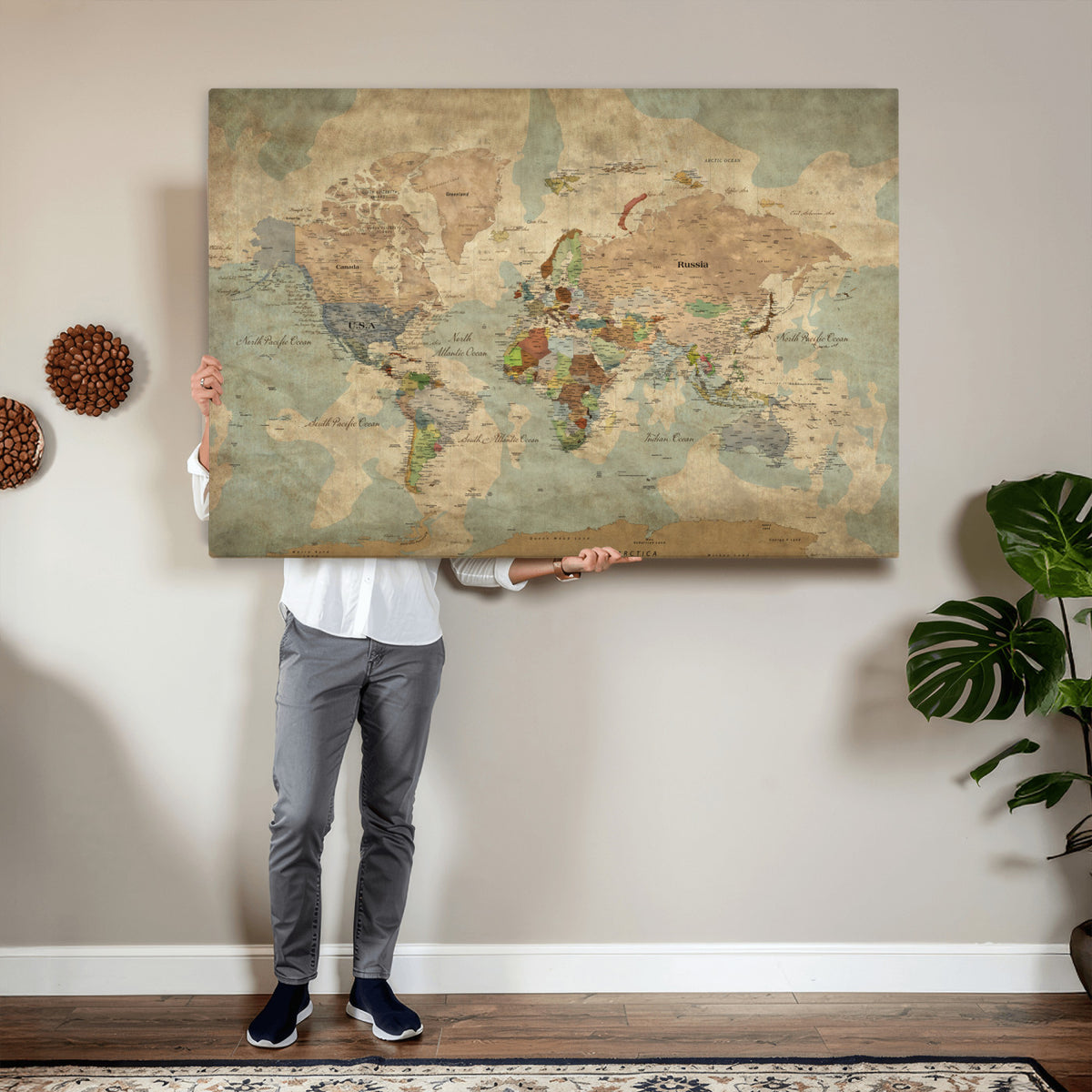 20795898D-MGV-CV-36X24 - Custom Push Pin World Map Wall Art Canvas Print – Personalized Travel Tracker with Pins Framed Large for Home and Office Decor