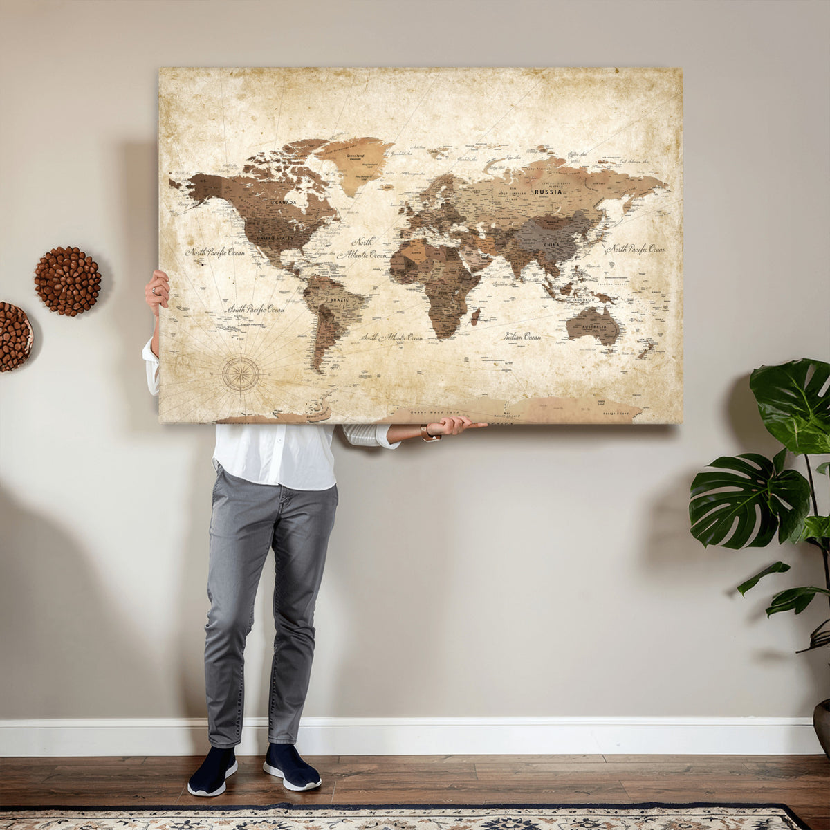 69154703D-MGV-CV-36X24 - Custom Push Pin World Map Wall Art Canvas Print – Personalized Travel Tracker with Pins Framed Large for Home and Office Decor