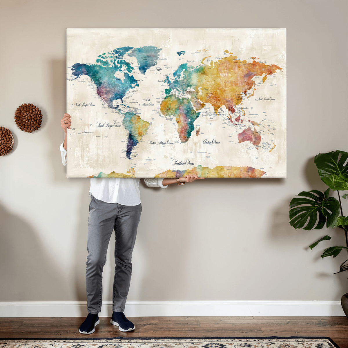 53654999D-MGV-CV-36X24 - Custom Push Pin World Map Wall Art Canvas Print – Personalized Travel Tracker with Pins Framed Large for Home and Office Decor