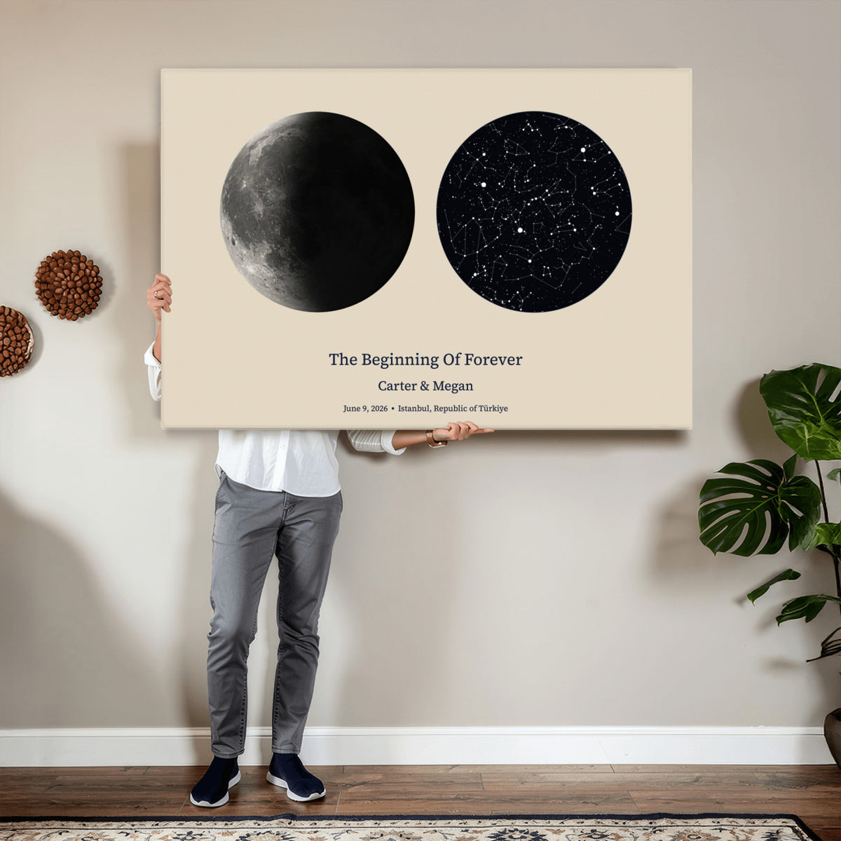CSTM914LIRIKD-MGV-CV-36X24 - Moon and Stars Canvas Print – Personalized Moon Phase and Star Map Wall Art