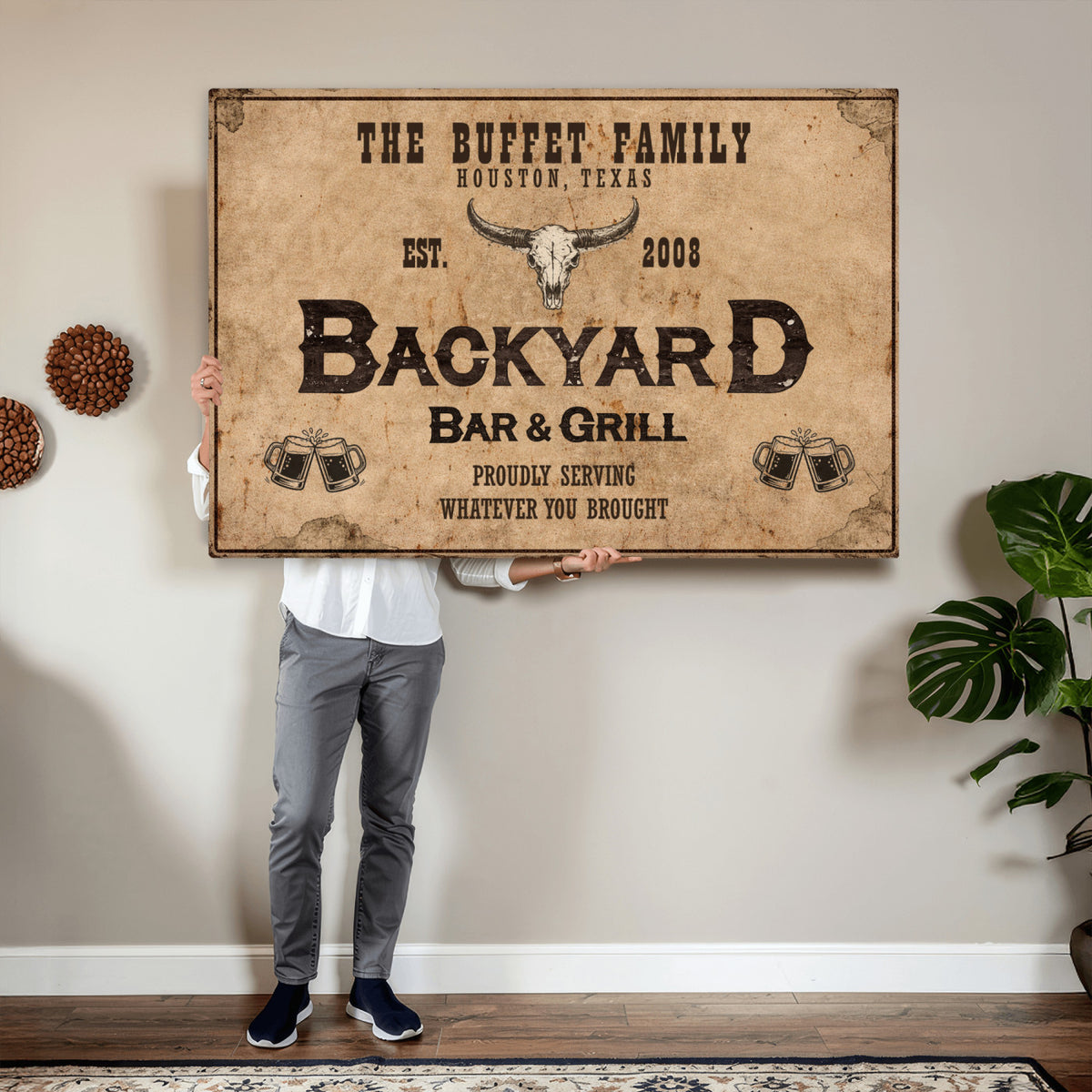 Custom Backyard Bar & Grill Sign Canvas, Personalized Family Name Sign