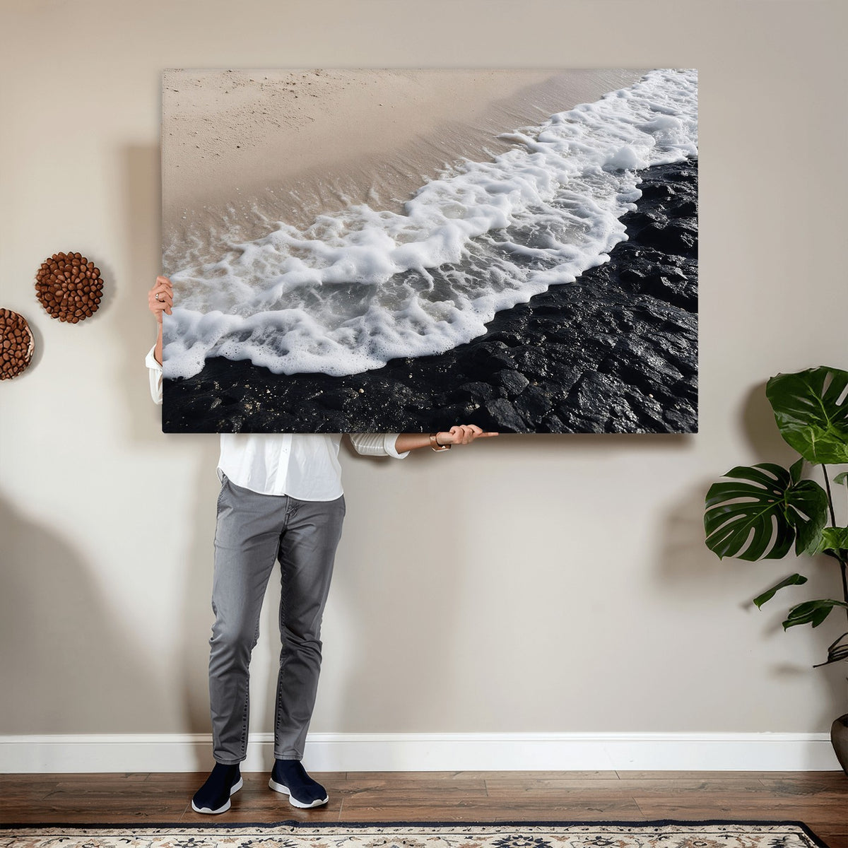 27448606-MGV-CV-24X16 - Ocean Wave Foam on Black Lava Rock Beach Canvas Wall Art Print