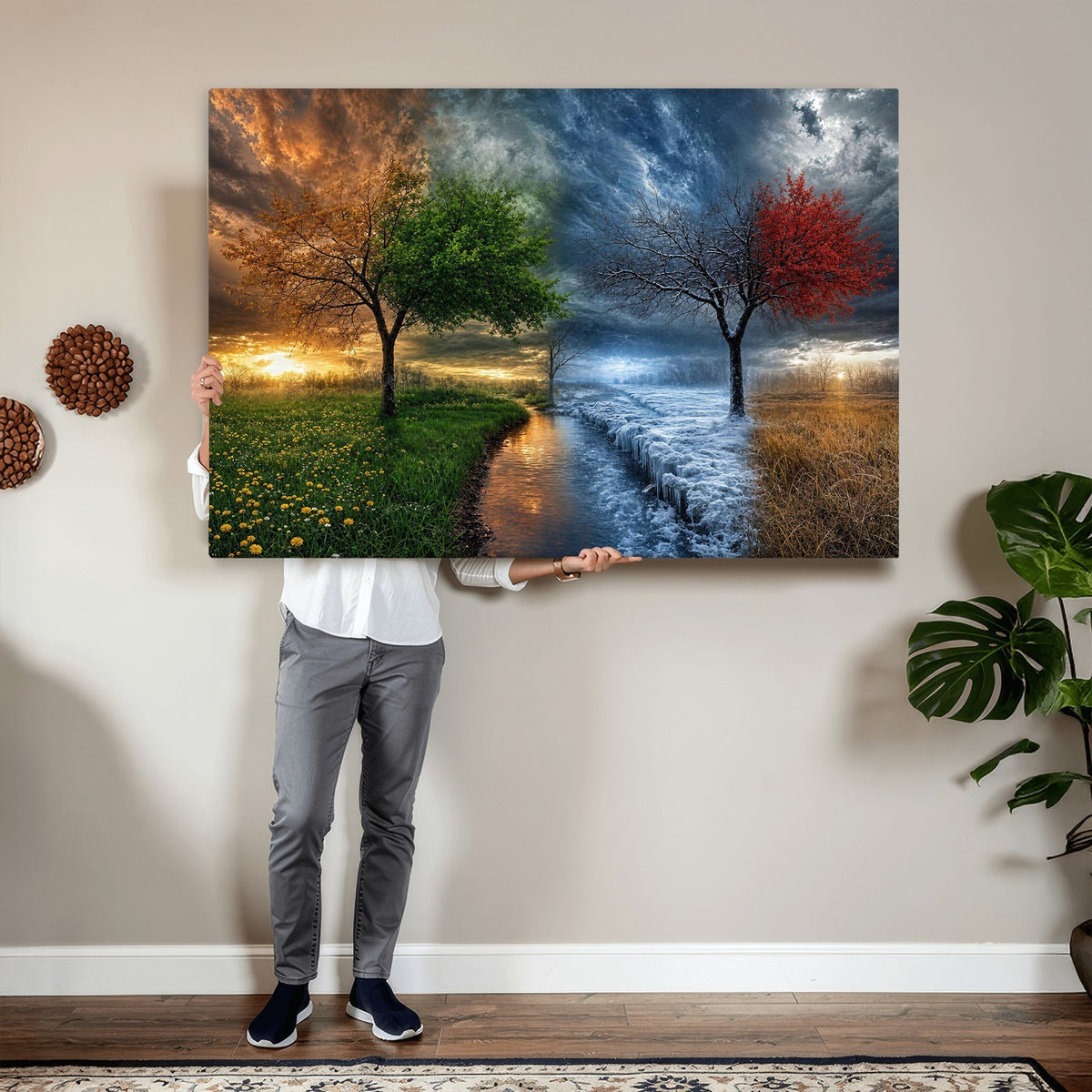 61895574-MGV-CV-24X16 - Four Seasons Tree Canvas Wall Art, Nature Landscape Canvas Print for Living Room