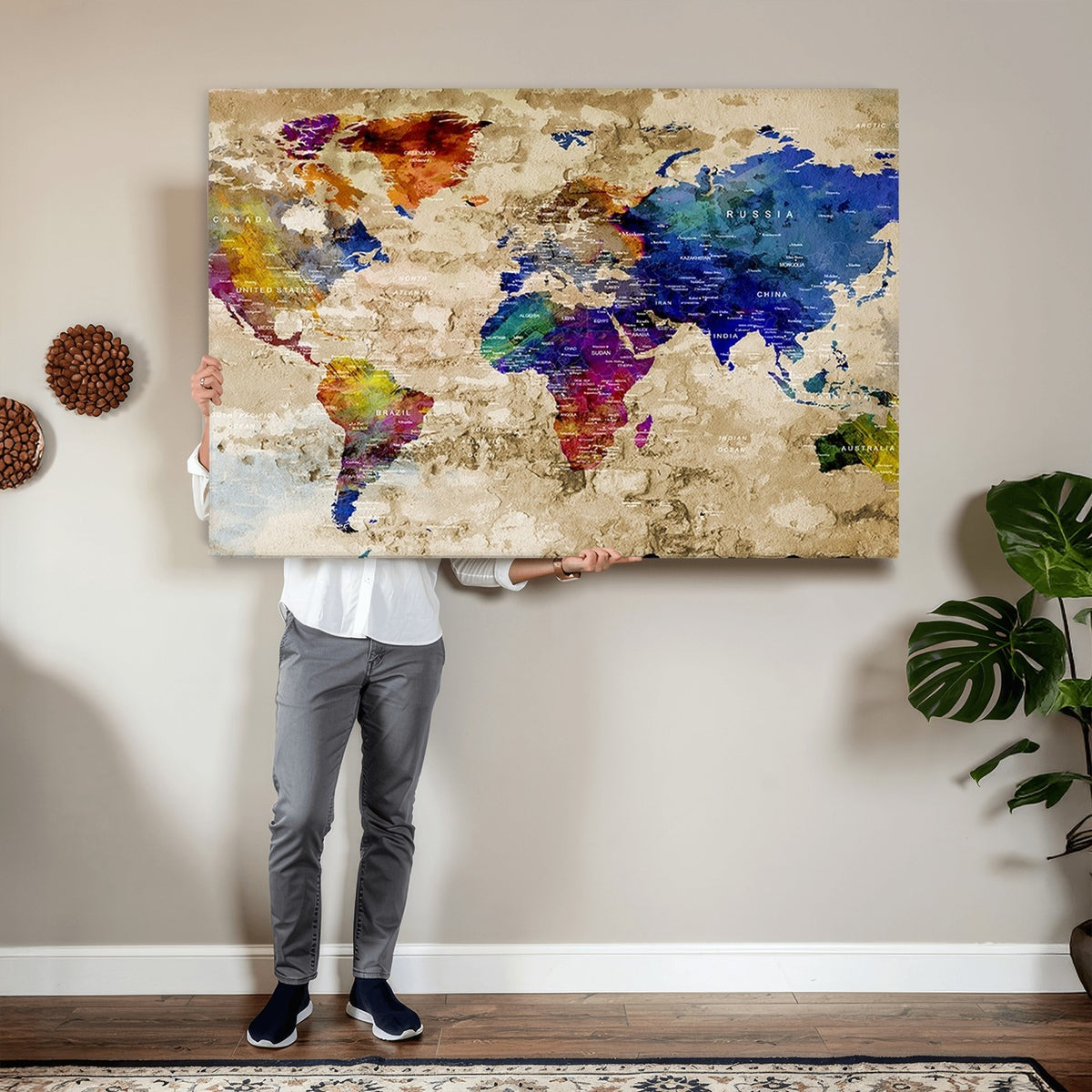 Colorful World Map Canvas Wall Art | Abstract Watercolor Map Print