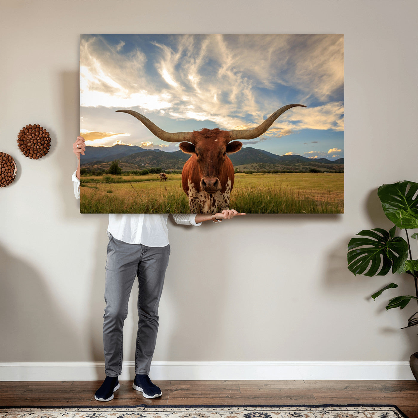 55416-MGV-CV-36X24 - Texas Longhorn Canvas Wall Art – Majestic Triptych Animal Print – Rustic Western Decor for Living Room