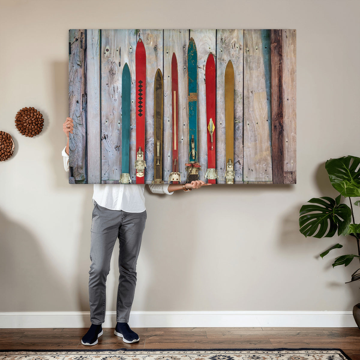 30640-MGV-CV-36X24 - Vintage Wooden Weathered Skis in Front of an Old Barn Wall Art Canvas Print