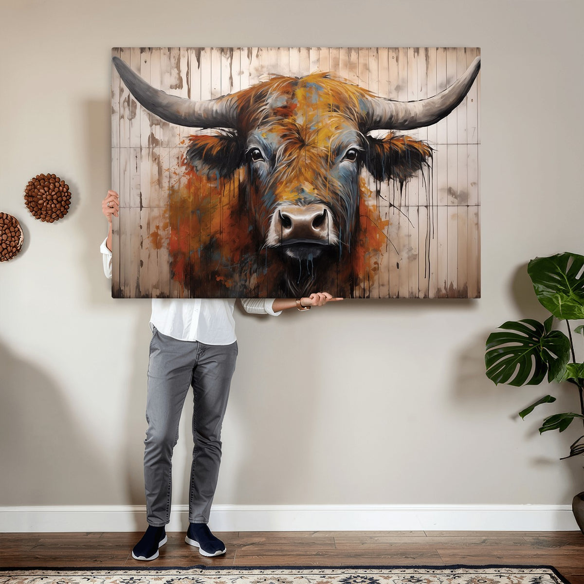 47284-MGV-CV-24X16 - Abstract Bull Highland Cow Canvas Wall Art Print